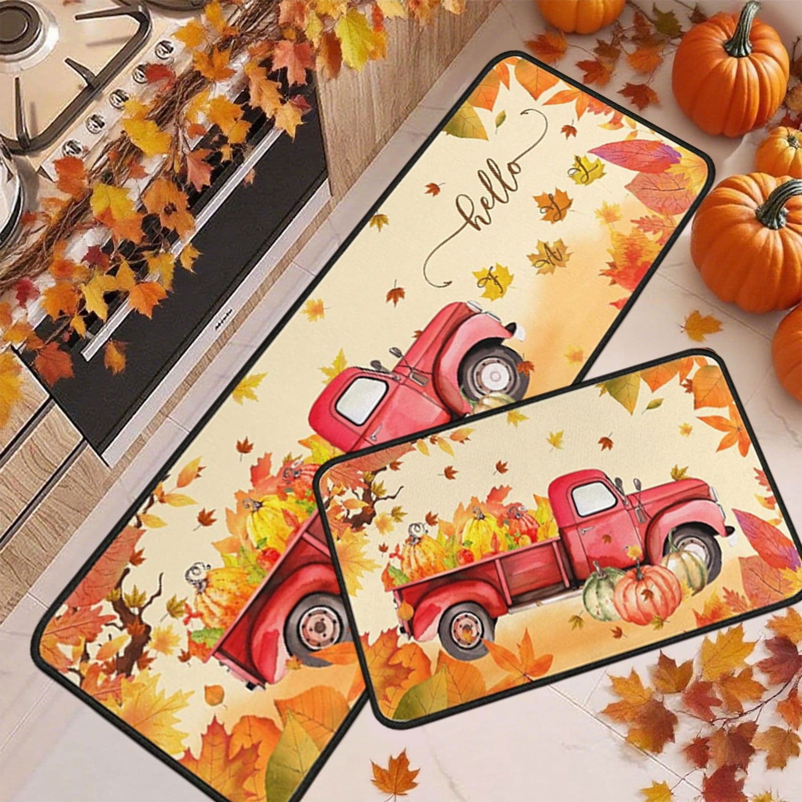 RBCKVXZ 2 Pieces Fall Kitchen Rugs Halloween Thanksgiving Pumpkin Sunflower Orange Maple Leaf Mat Floor Rug for Holiday Autumn Home Decor, 17 x 29 Inches, 17 x 47 Inches