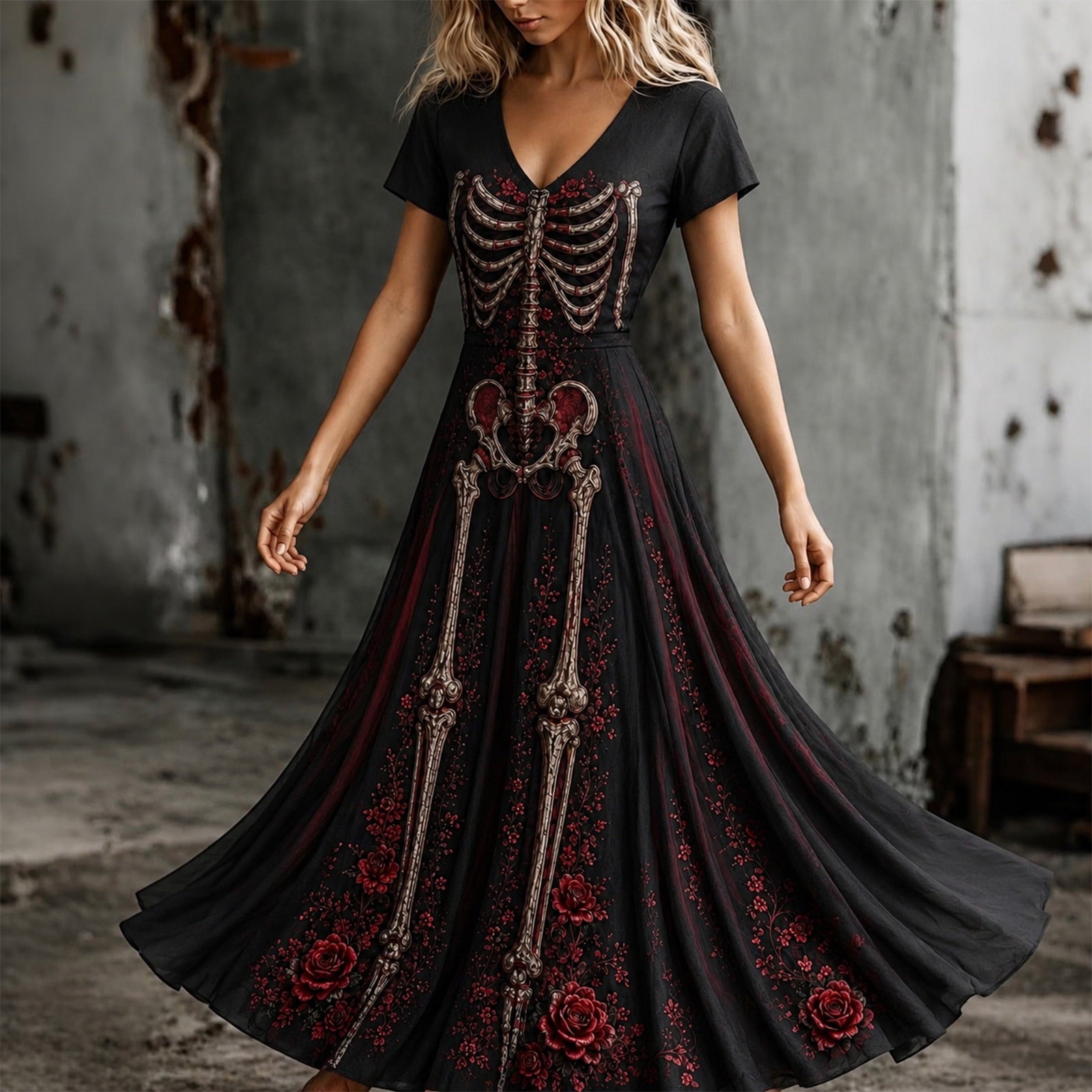KICILVS Gothic Clothes For Women Black Spiderweb And Spider Print Flowing V Neck Long Maxi Dress Halloween Cosplay Gothic Party Dress