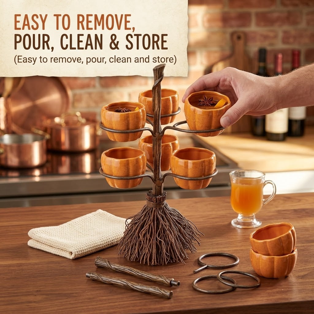 Diceymbol Halloween Pumpkin Snack Bowl Stand Collapsible Broomstick Candy Tray for Cupcakes & Desserts, Resin Serving Platter with Ceramic Pumpkin Bowls
