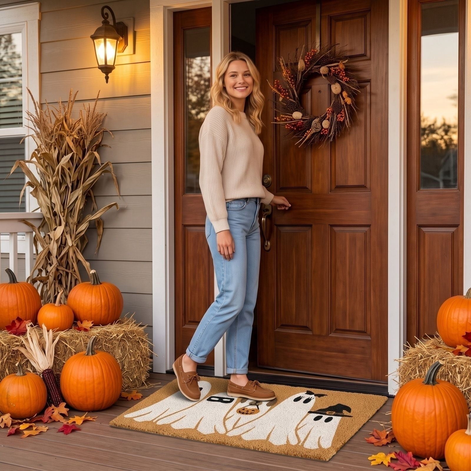 QLUEWX Halloween Doormat 35.4×23.6 Inch, Cute Ghost Dog Printed Coir Front Door Mat, Washable Anti Slip Coconut Fiber Entry Rug for Outdoor Porch Farmhouse Fall Halloween Home Christmas Decor