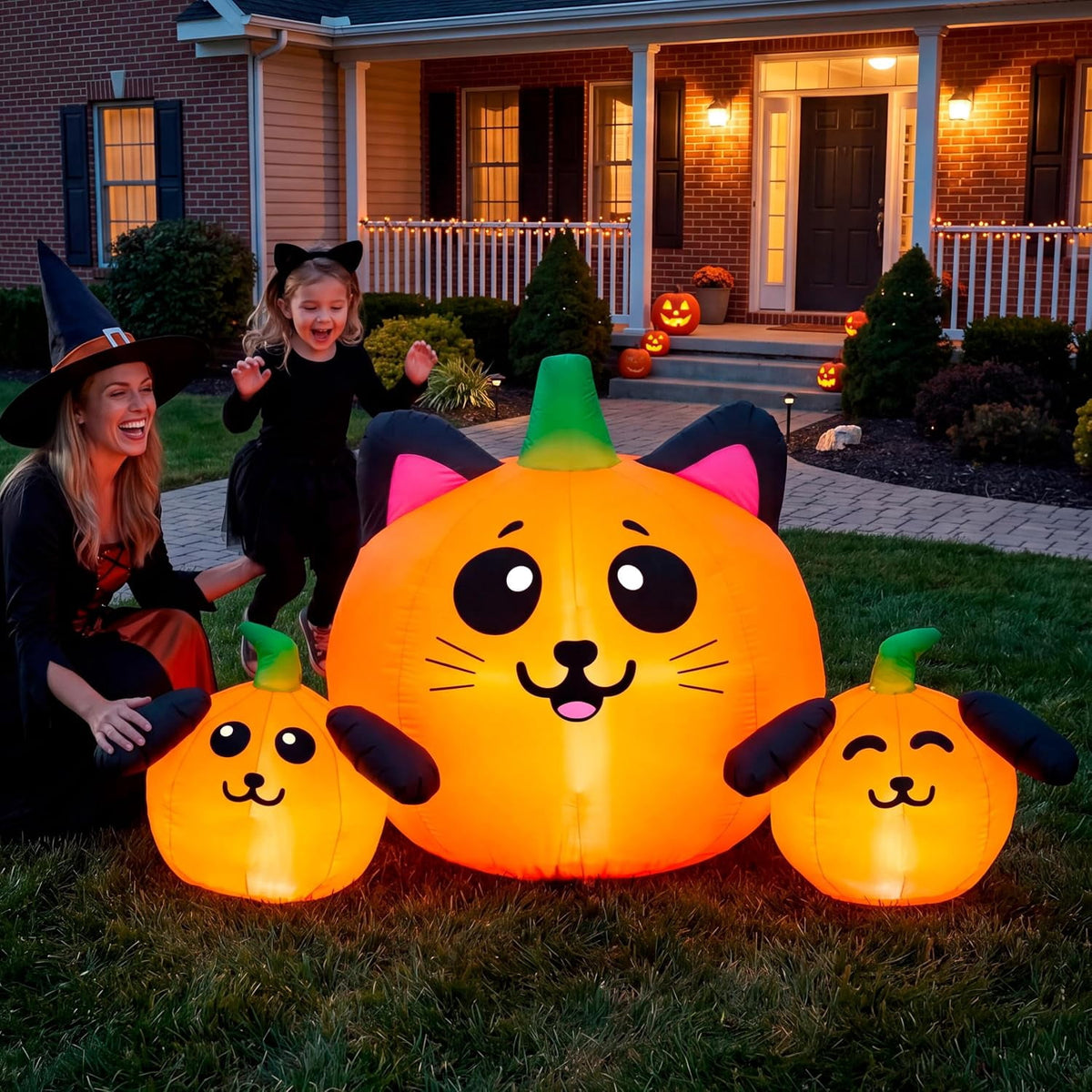 Joyfy 7 ft Halloween Inflatable Long Pumpkin with Witch's Cat Decorations Inflatables with Build-in LEDs,Halloween Decor Outdoor Blow Up Yard Decorations