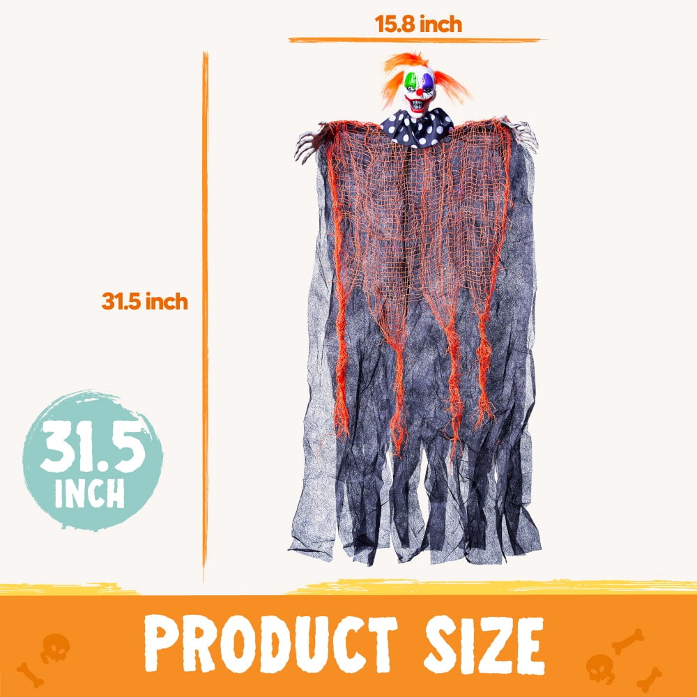 Joyfy 65" Halloween Hanging Scary Clown Decorations with Chain, with LED Lights Talking Animatronics Decor Outdoor Indoor for Haunted House Lawn Yard Patio