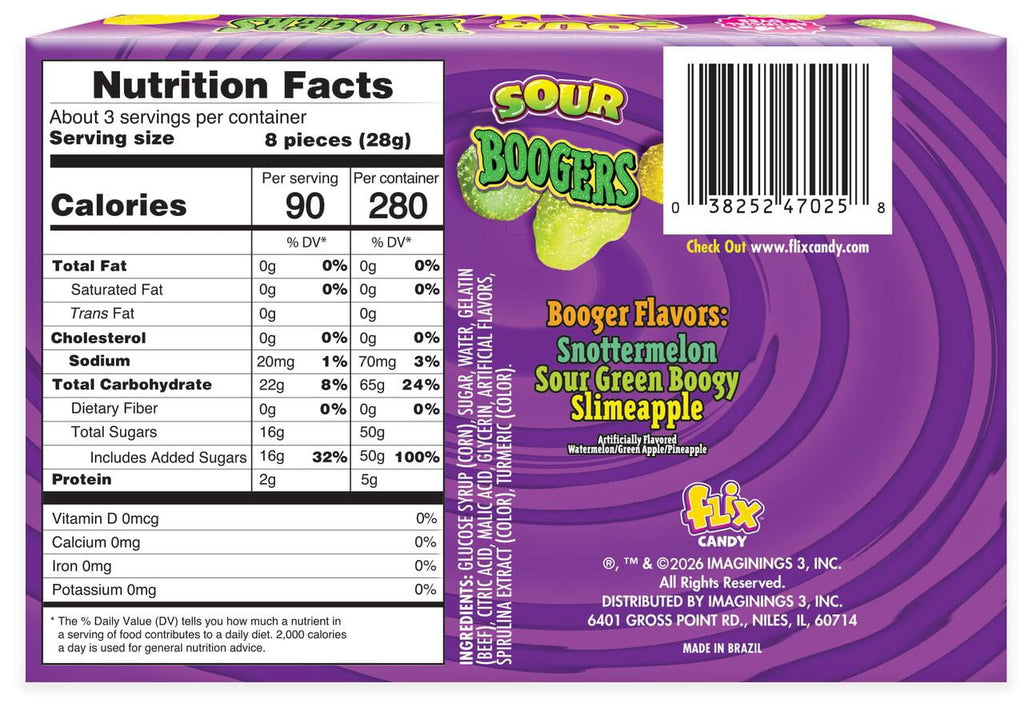 Flix Candy Halloween, Sour Boogers, Assorted Flavors Gummy, 3oz Box