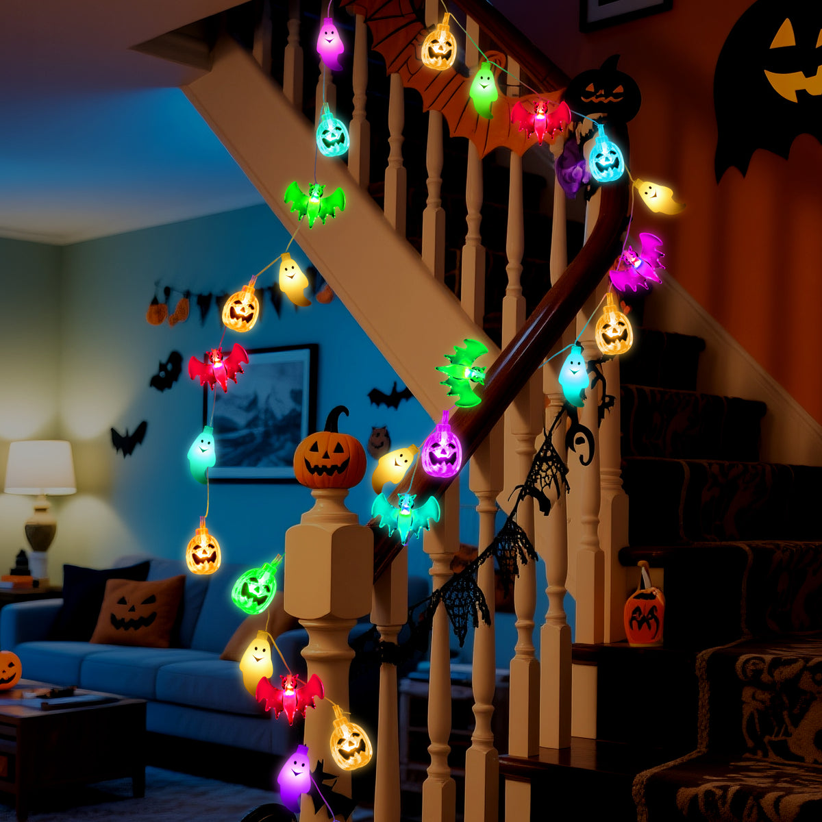 Oziral Halloween String Lights Decorations:Halloween Lights Indoor Outdoor 30 LED Battery Operated Waterproof Lights Remote 3D Pumpkin Bat Ghost Halloween Decorations for bedroom Party Yard Garden