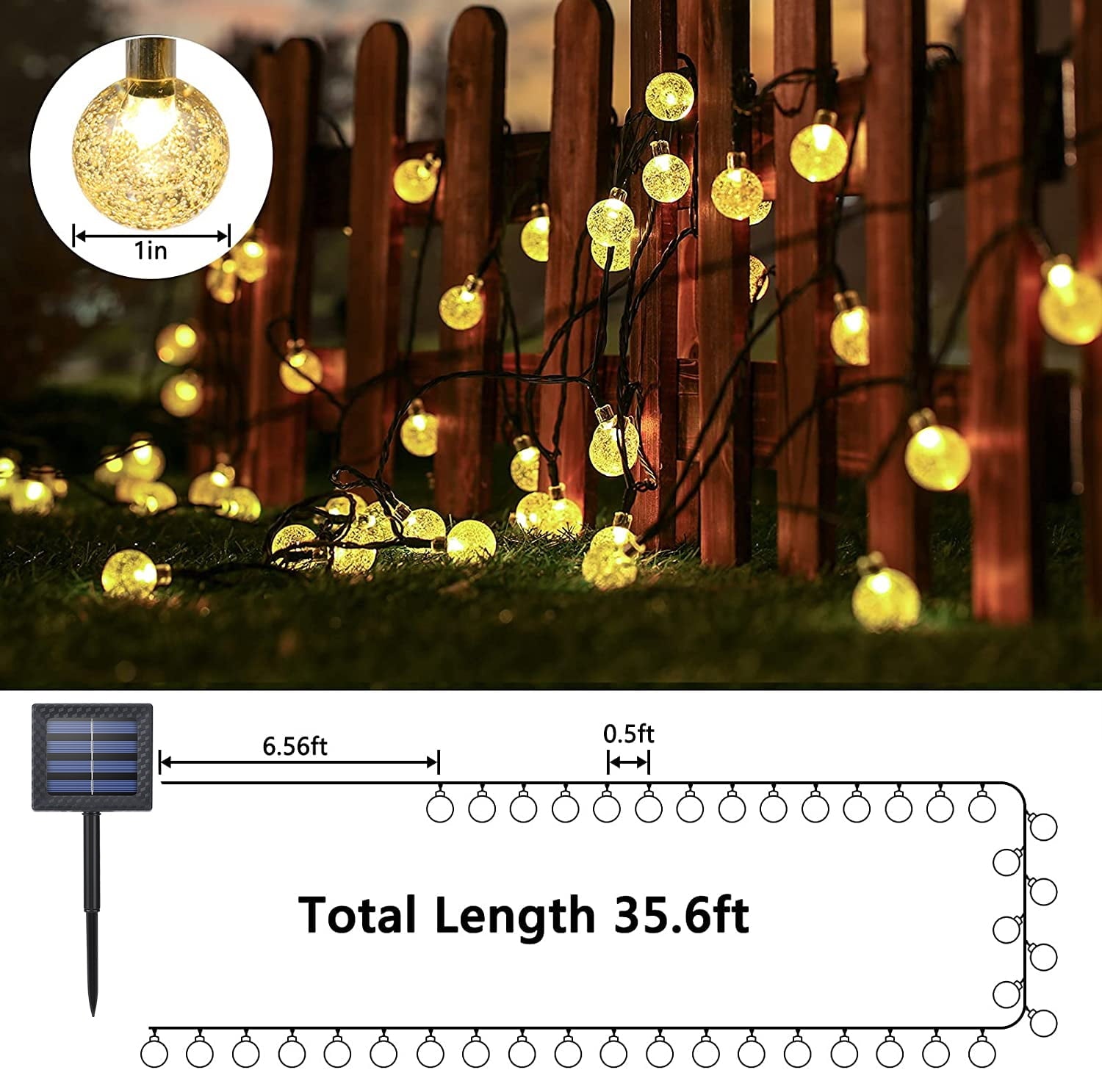 Toodour Solar String Lights Outdoor, 35.6ft 60 LED Waterproof Solar Powered Globe Patio Lights with 8 Modes for Garden Home Gazebo Yard Decorations (Warm White)