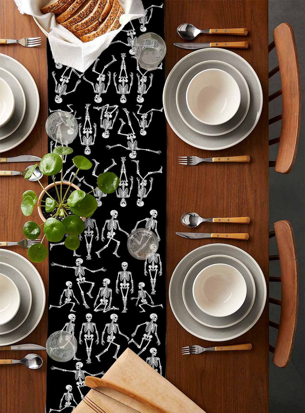 Halloween Burlap Cotton Table Runner 13x120 Inches Long, Funny Skeleton Spooky Scary Skull Black Farmhouse Table Runners, Outdoor Dining Tablecloths Decor for Baby Shower/Party/Wedding