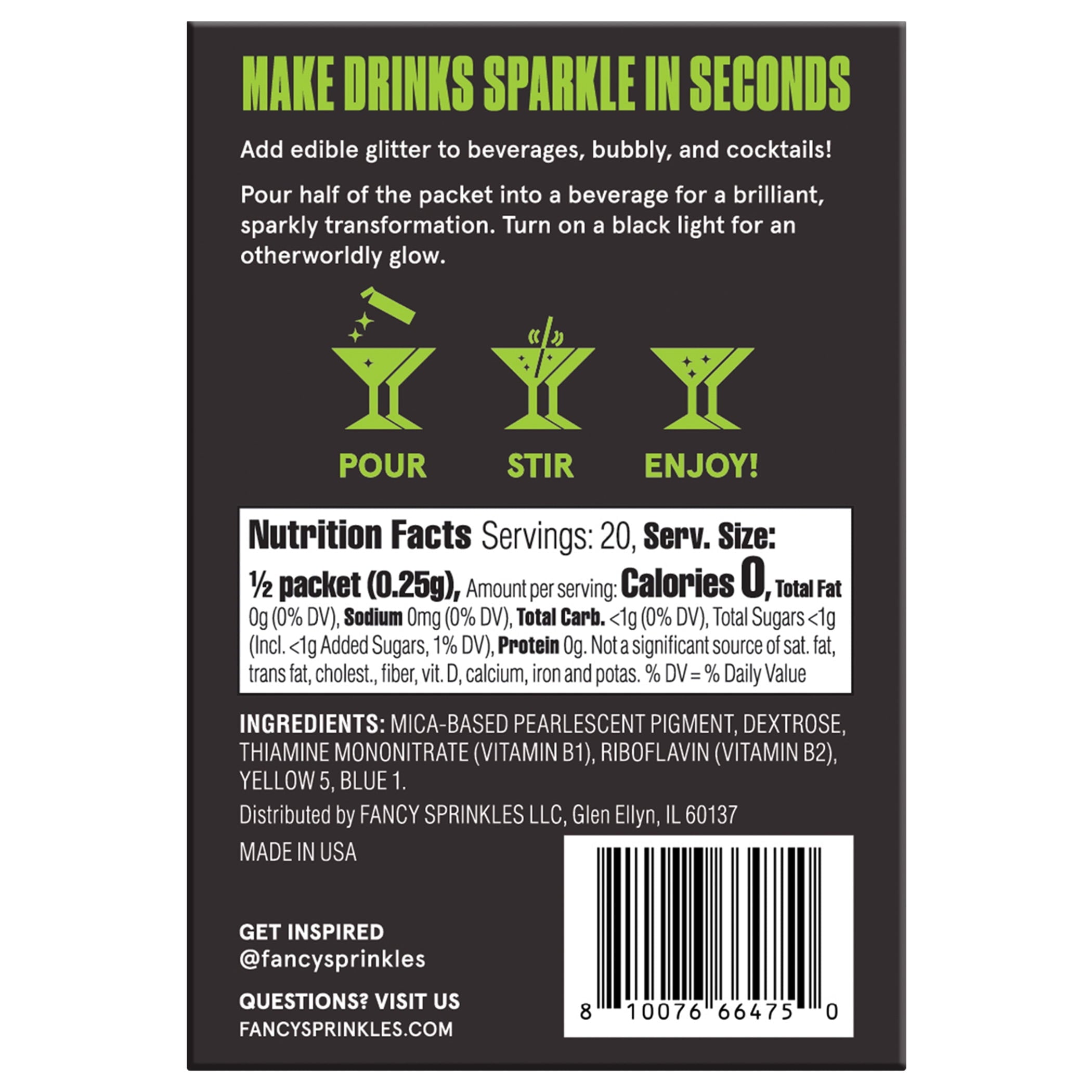 Fancy Sprinkles Glow Under Black Light Edible Glitter Packets, 0.2 oz, 10 Count