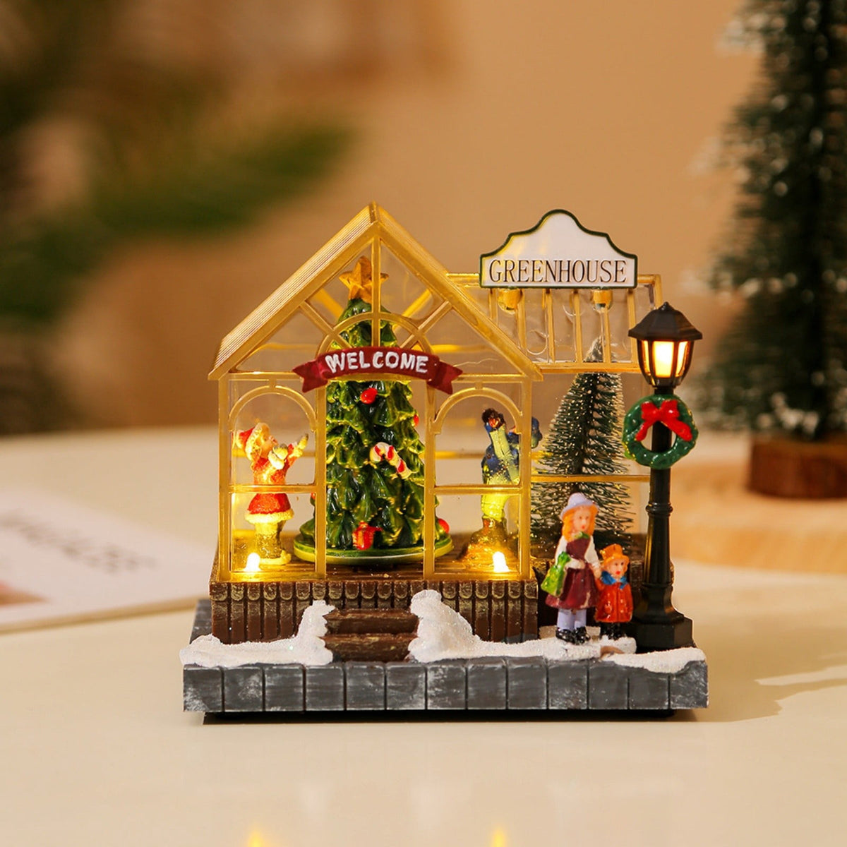 Christmas Village Greenhouse 1pc, 5.51in, a Lighted Musical Holiday House with Rotating Tree, Animated Resin Tabletop Decor, a Collectible Xmas Village Building for Home and Mantle Display