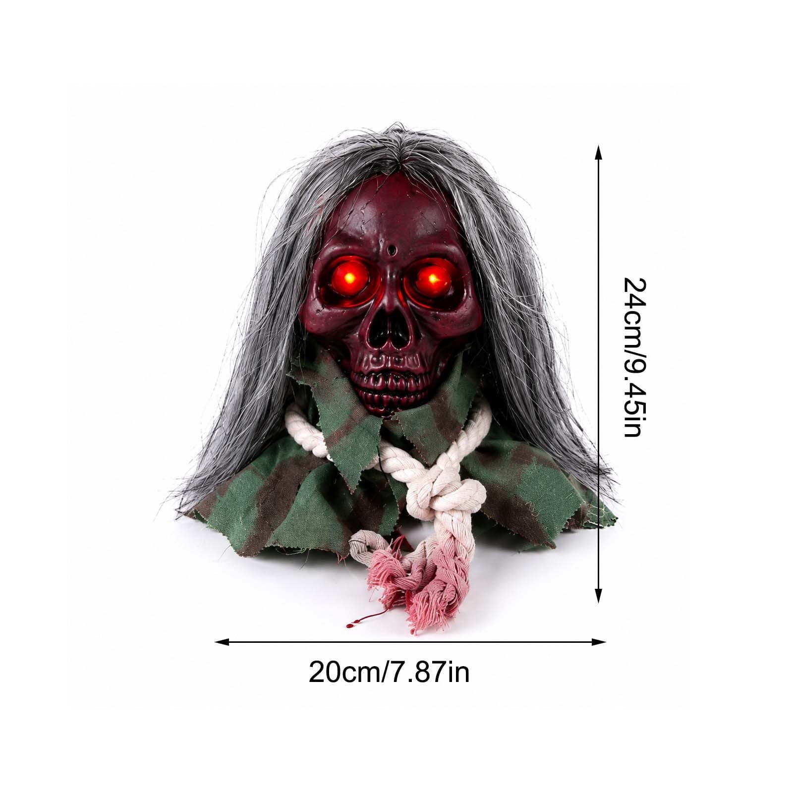 Animated Walking Skull Head with Light-Up Red Eyes Creepy Moving Halloween Prop with Long Grey Hair Horror Music Motorized Resin Decoration for Party Yard Indoor Outdoor Spooky Decor Gift