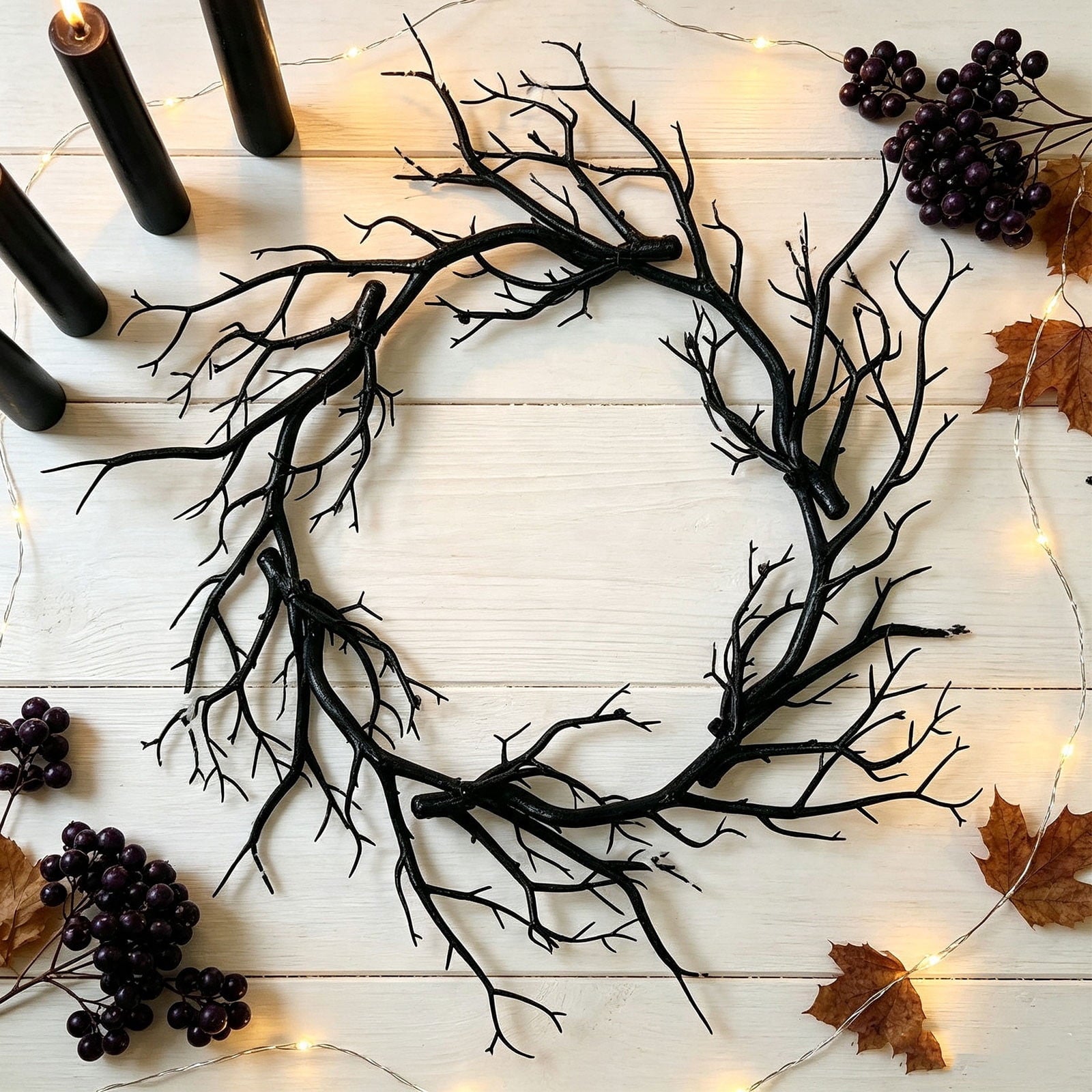 WWC Halloween Wreath, 18 inch Black Bats and Bare Branch Wreath, Gothic Halloween Decor Twig Wreath for Halloween Party Front Door Porch and Fireplace