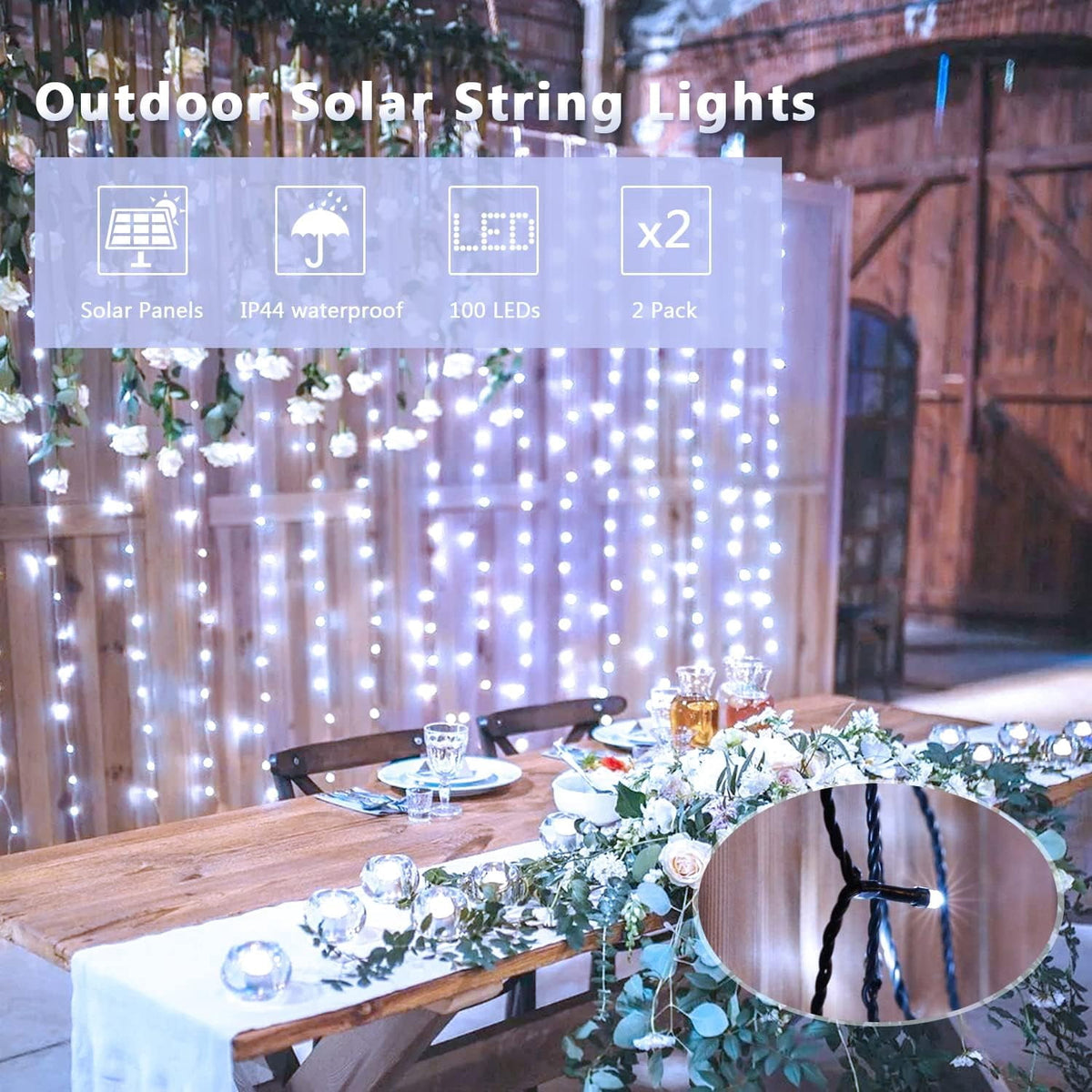 JMEXSUSS 2 Pack Solar String Lights Outdoor, 100 LED 42.7ft White Solar Lights Outdoor Waterproof, 8 Modes Green Wire Solar Christmas Lights for Garden, Wedding, Party, Christmas Tree Decoration