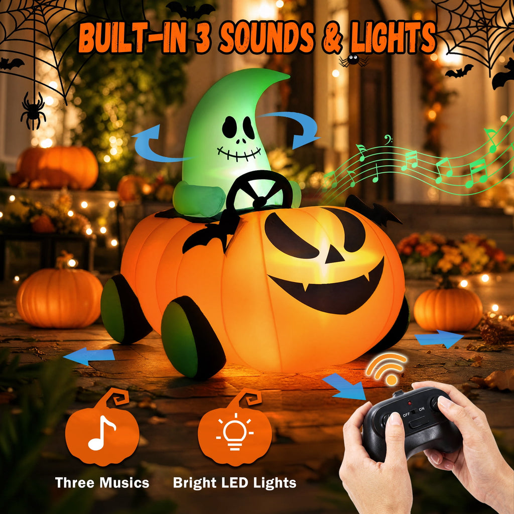 Firstness 2.6ft Halloween Inflatable with Music and Lights,Remote Control Pumpkin Ghost Car,Blow ups Rc Car,Indoor Outdoor,Orange Green