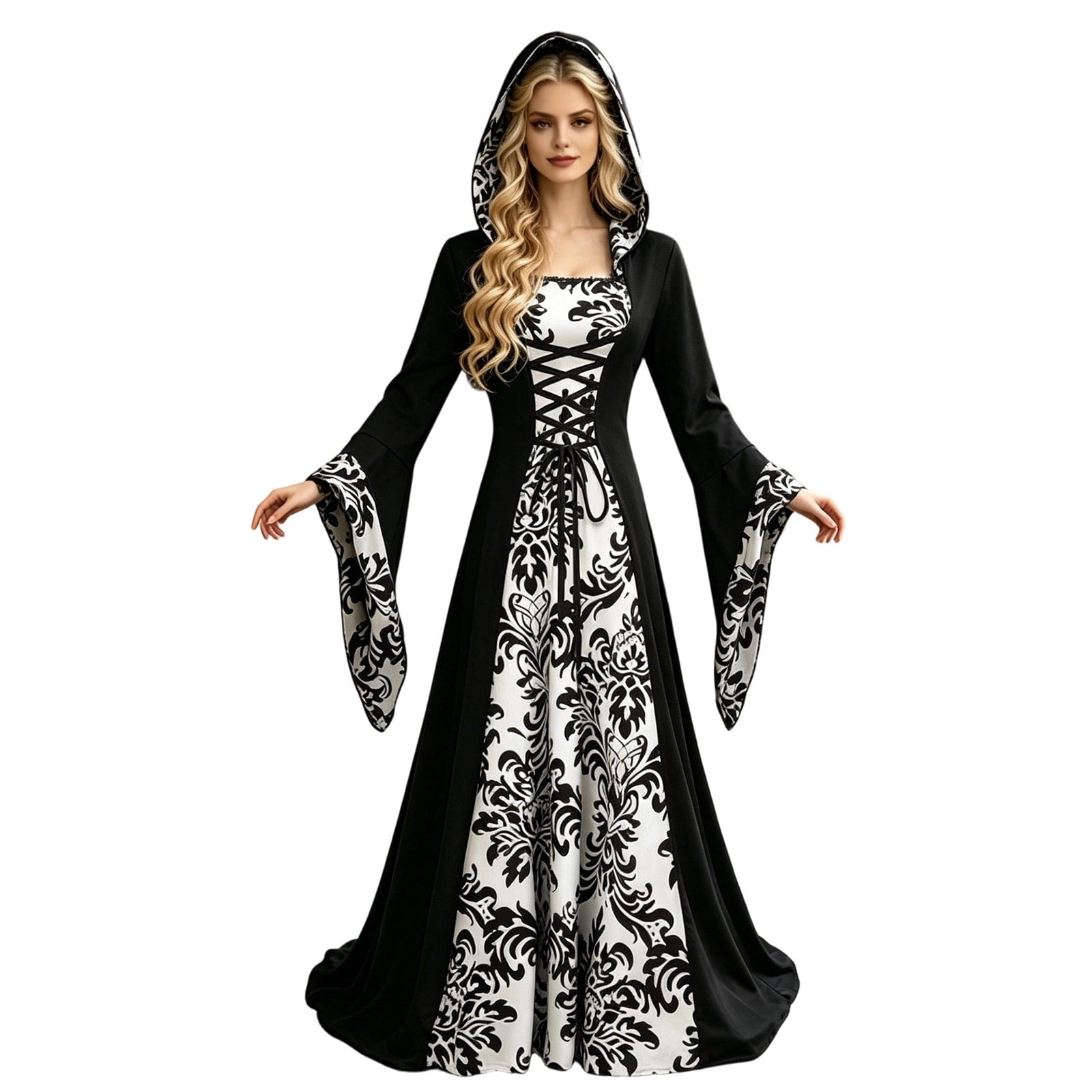 ZGRBOU Womens Vampire Witch Dress Halloween Cosplay Costumes Masquerade Hooded Gown Dress Medieval Gothic Dress Plus Size