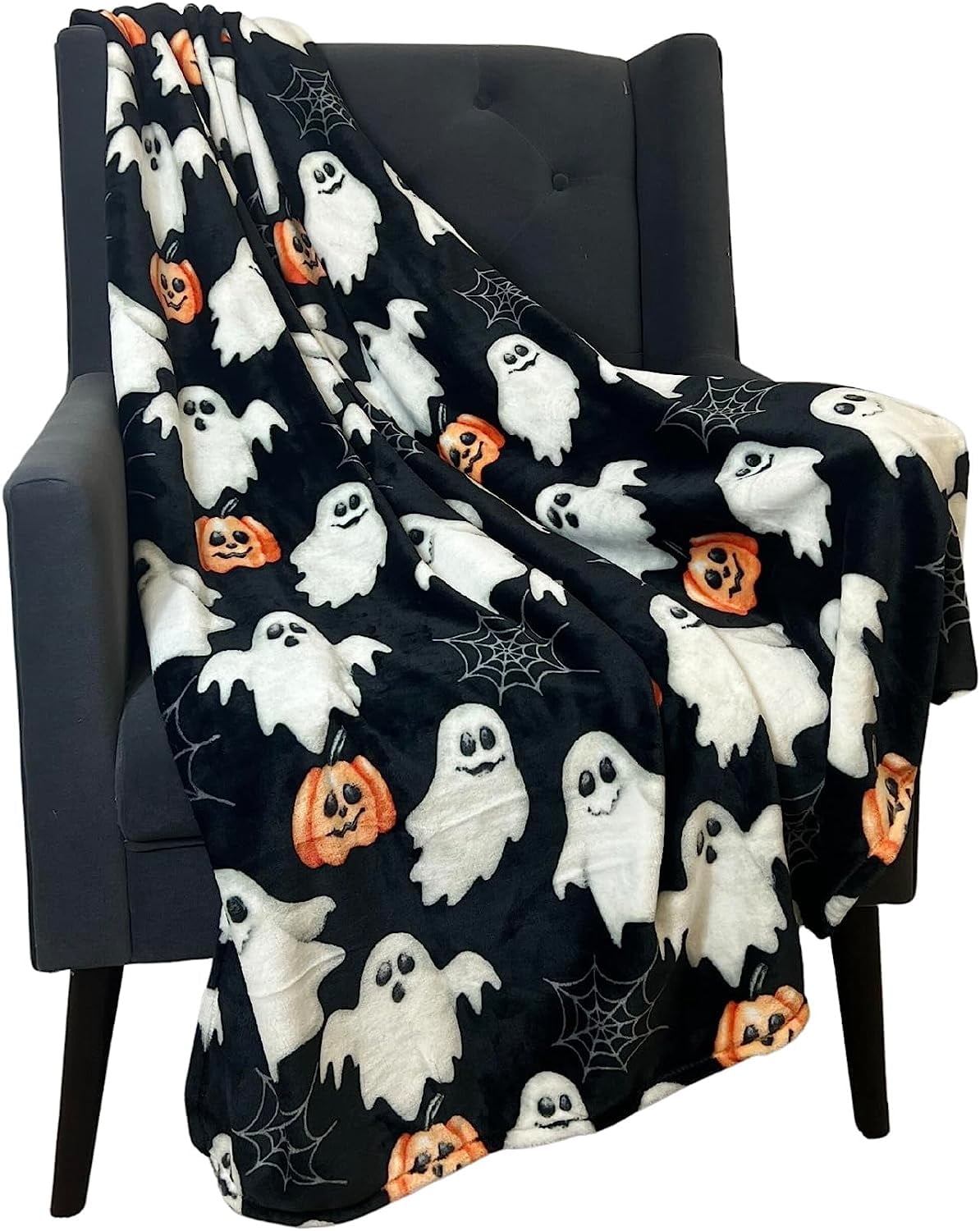 Serafina Home Halloween Throw Blanket: Fuzzy Boo! Jack O'Lantern Spider Webs Skull and Black Cats Print on Velvet Fleece for Sofa Bed Couch Chair Dorm