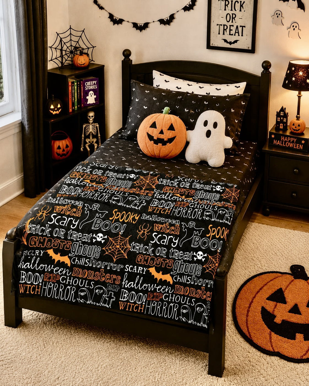 Serafina Home Halloween Throw Blanket: Fuzzy Boo! Jack O'Lantern Spider Webs Skull and Black Cats Print on Velvet Fleece for Sofa Bed Couch Chair Dorm