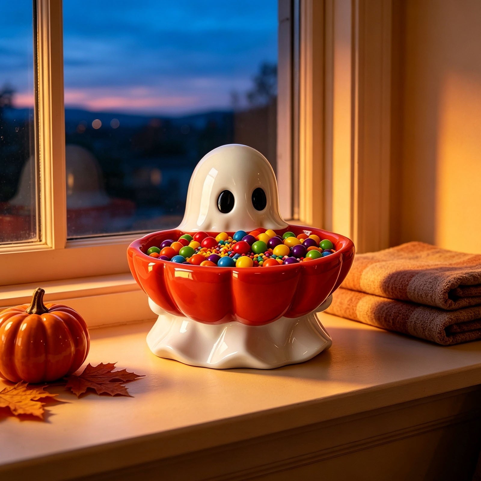 Pink Halloween Decor Ghost Candy Bowl Figurine with Bow and Scalloped Holder for Indoor Tabletop Decor and Party Favor Display