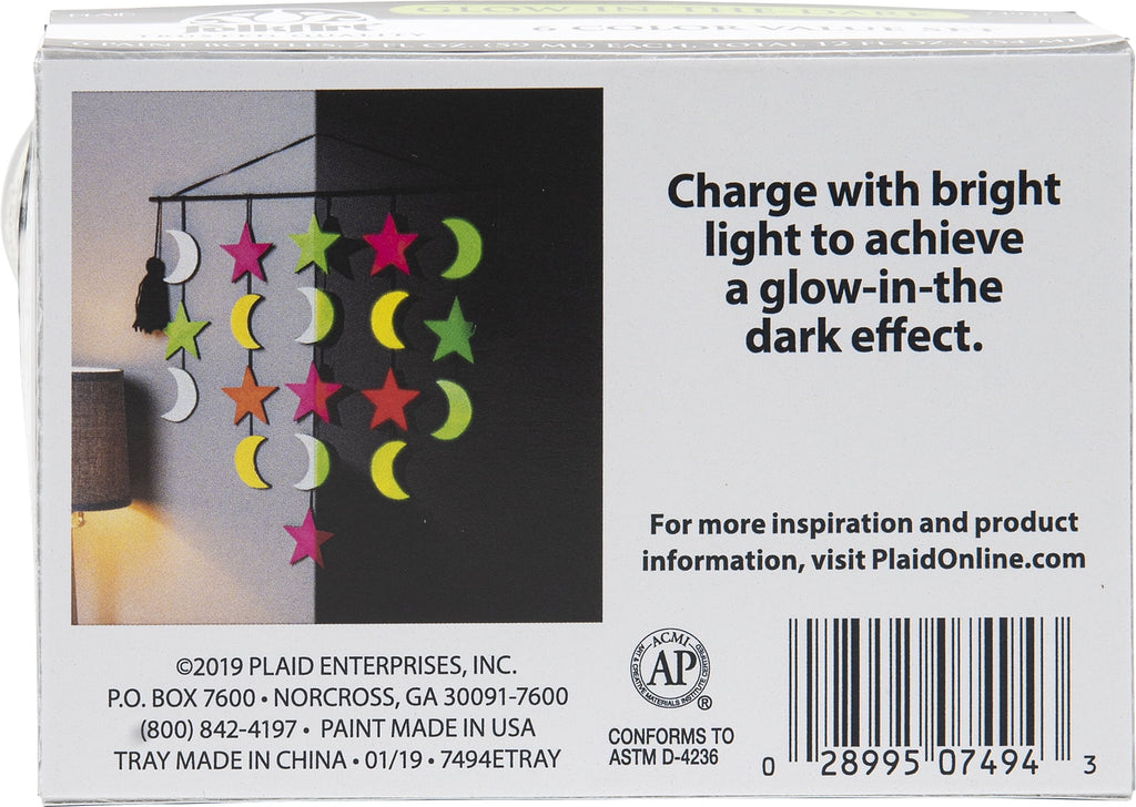 FolkArt 7494E Glow-in-the-Dark Acrylic Paint Set, Matte Finish, Set of 6, 12 fl oz