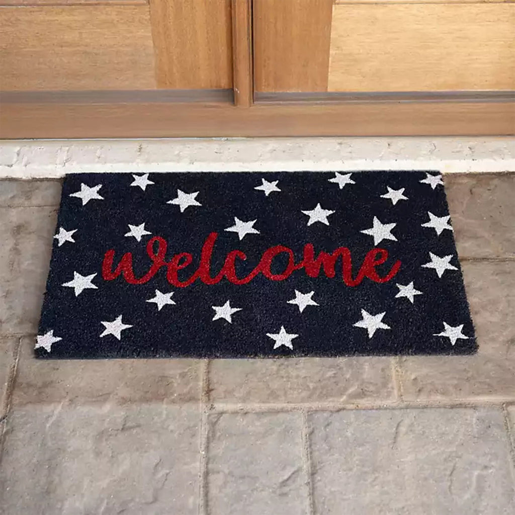 Patriotic Door Mat 4th of July Bow Flag Floor Doormats Independence Day Star Welcome Non Slip Mats for Front Porch Decor 16*24in Black