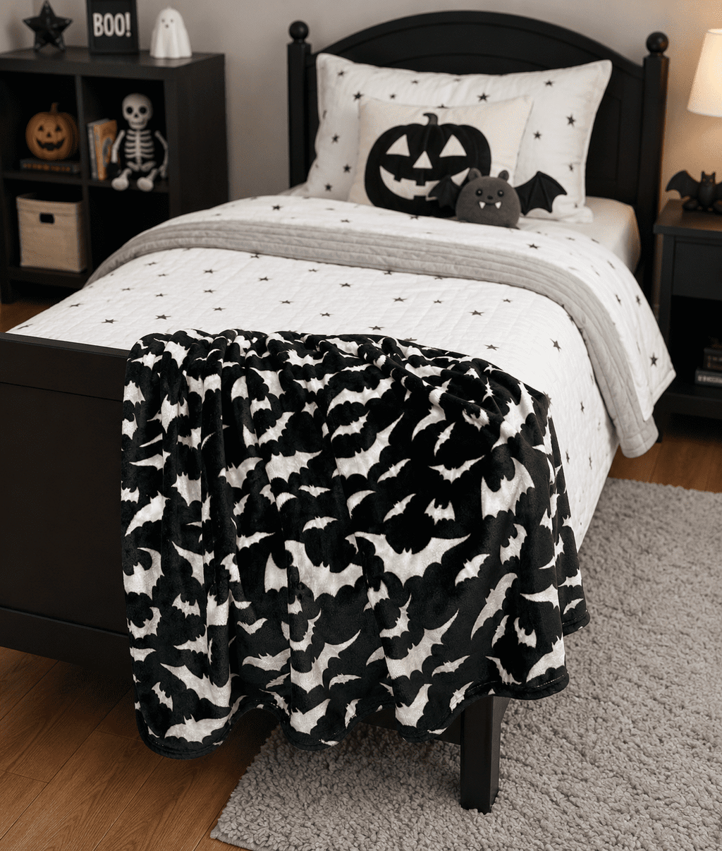 Serafina Home Halloween Throw Blanket: Fuzzy Boo! Jack O'Lantern Spider Webs Skull and Black Cats Print on Velvet Fleece for Sofa Bed Couch Chair Dorm