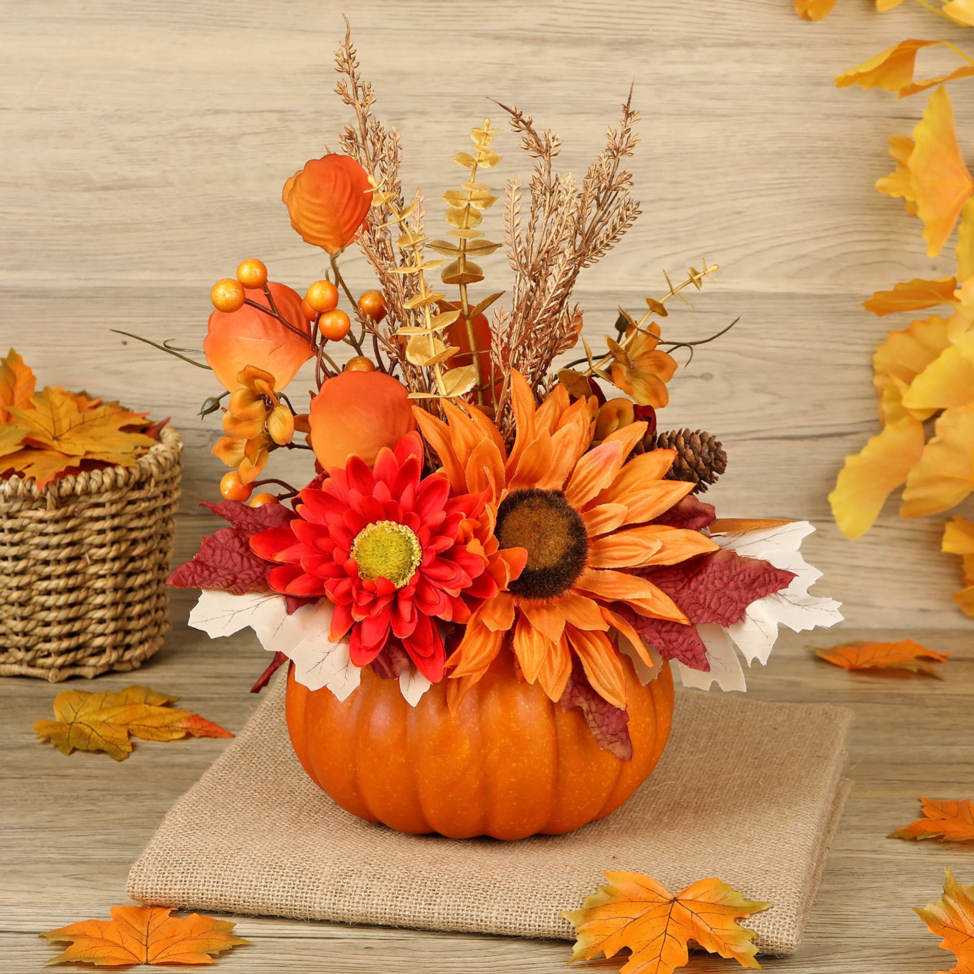 Briful 12.9"Artificial Pumpkin Floral Arrangement with Orange Sunflowers Leaves Fall Table Centerpiece for Harvest Autumn Décor