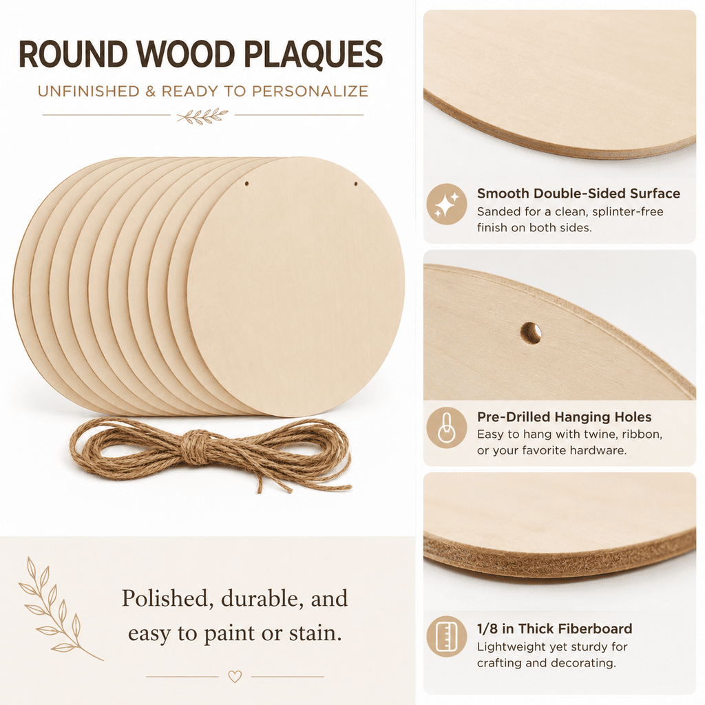 Unfinished Wood Crafts,DIY Wood Rounds for Crafts,Door Hanger Painting DIY Home Decor 12" 10 Pack