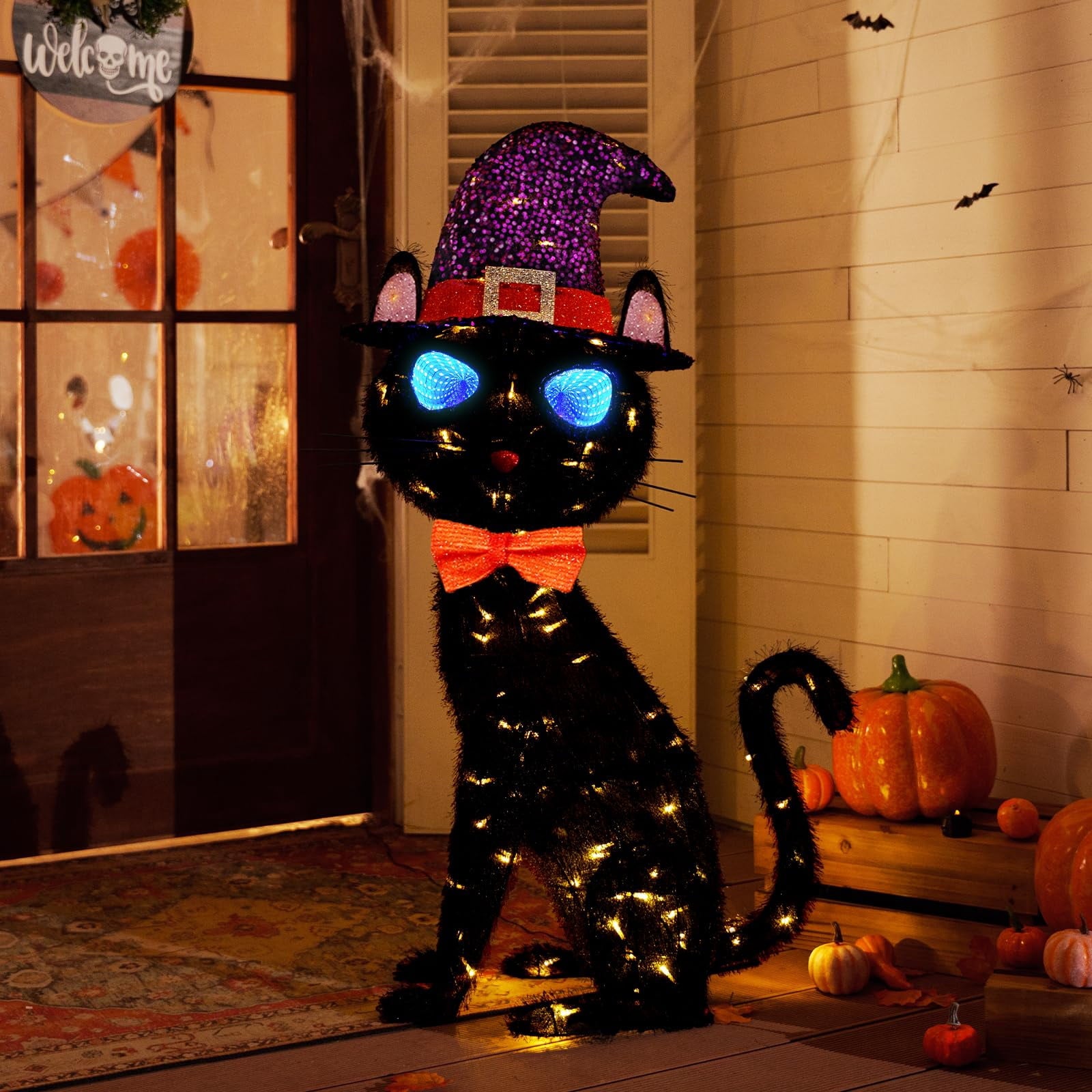 MARACOL 3.5FT Black Cat Halloween Decor, Animated Eyes Scary Halloween Cat Decor with Witch Hat, Light-Up Black Cat with 125 LED for Outdoor Indoor Yard Porch Lawn Garden