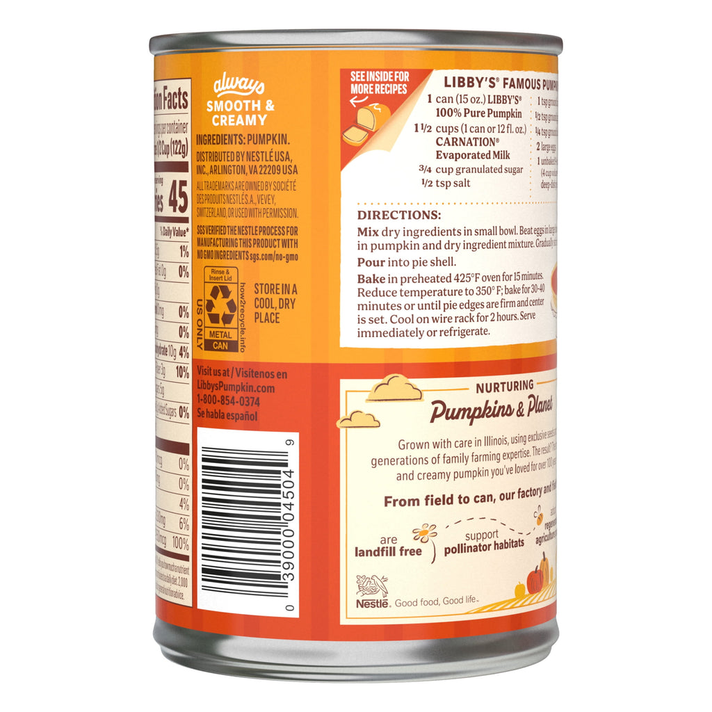 Libby's Canned Pumpkin, 100% Pure Pumpkin Puree, All Natural Gluten Pumpkin for Baking Pumpkin Pie Dessert, 15 oz Can