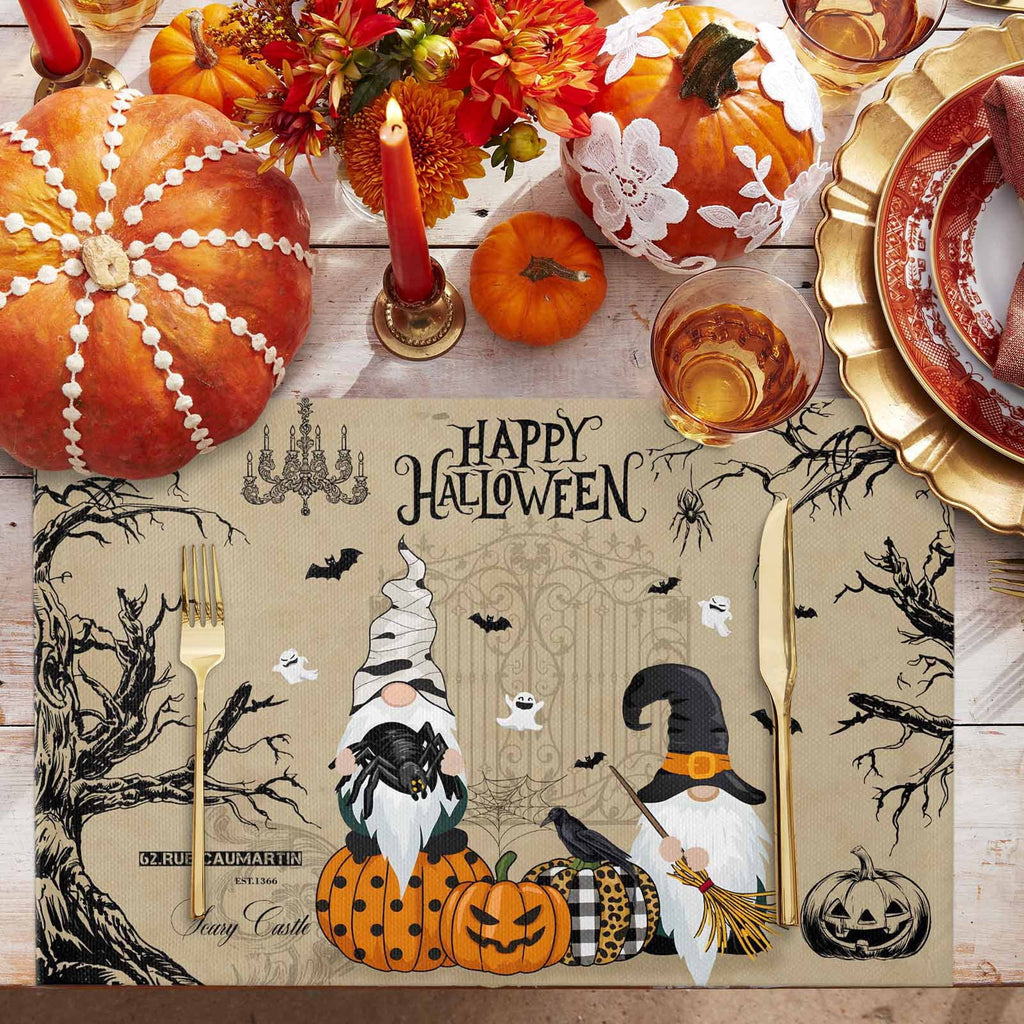 Halloween Placemats Set of 4 Gnome Pumpkin Place Mats Fall Placemat Black Bats Crow Ghosts Cobwebs Castle Table Mats for Dining Kitchen Table Holiday Dinner Party Home Decorations 13x19 Inch