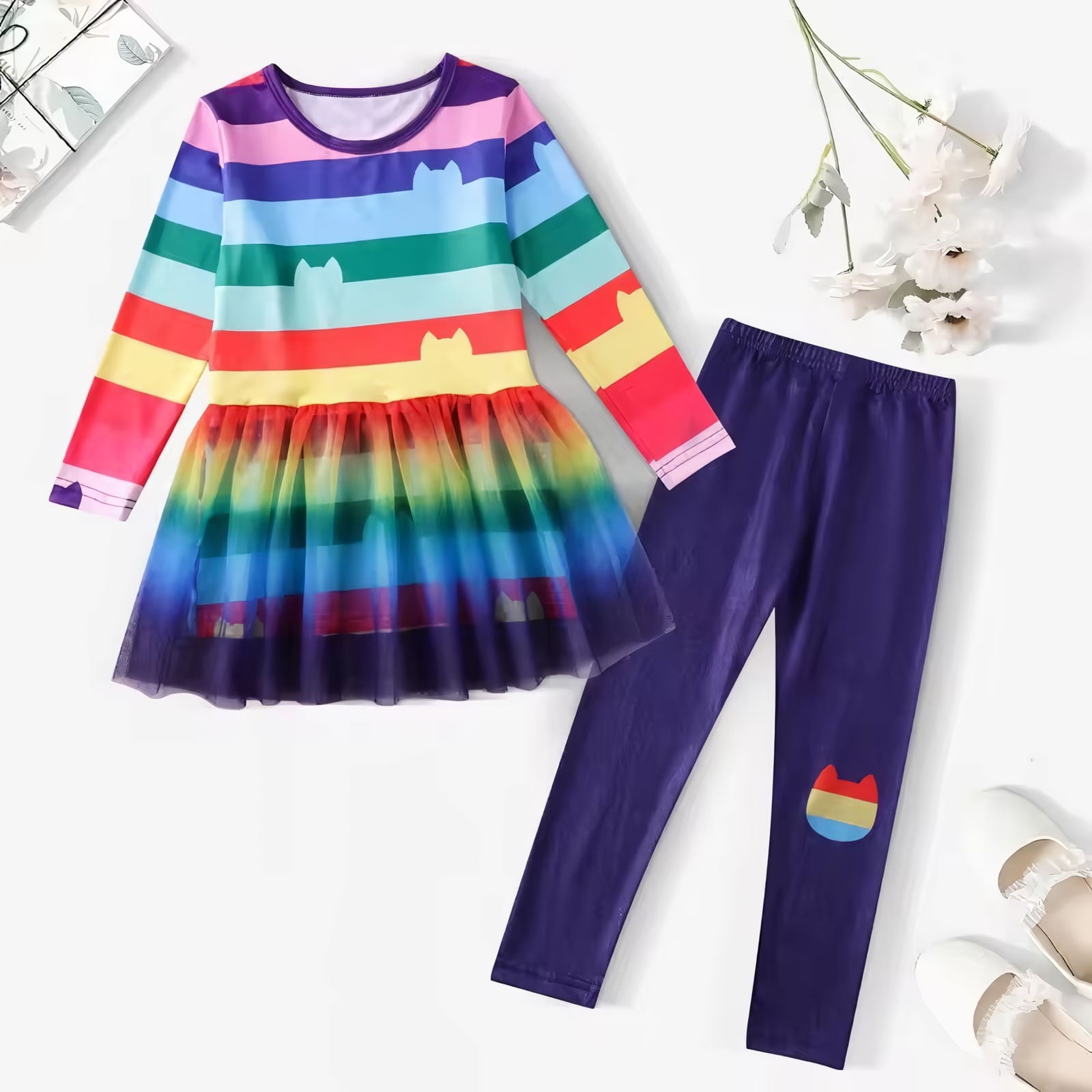 2PC Rainbow Dress Pant Set w/Headband for Girls Halloween Cat Birthday Tutu Outfit