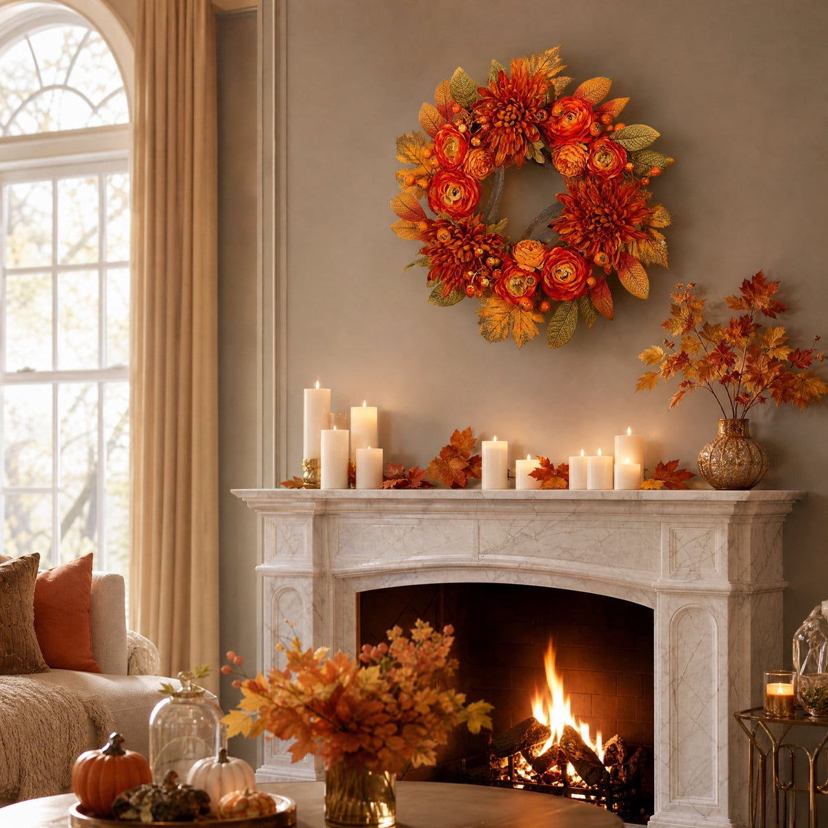 HOARBOEG Handmade Wrought Iron Maple Leaf Wreath, Thanksgiving Rudolph Fall Harvest Door Hanging, Orange Metal Autumn Wreath with Berries, Garden Wall Decor, 15.75 in