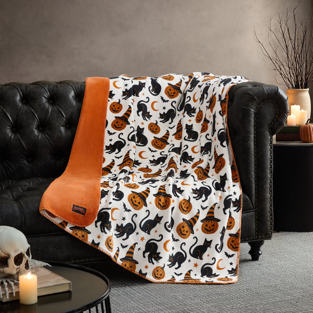 Boo-tique Halloween Plush Soft Oversized Couch Throw Blanket, Cats and Pumpkins, Orange, 50 x 72 in