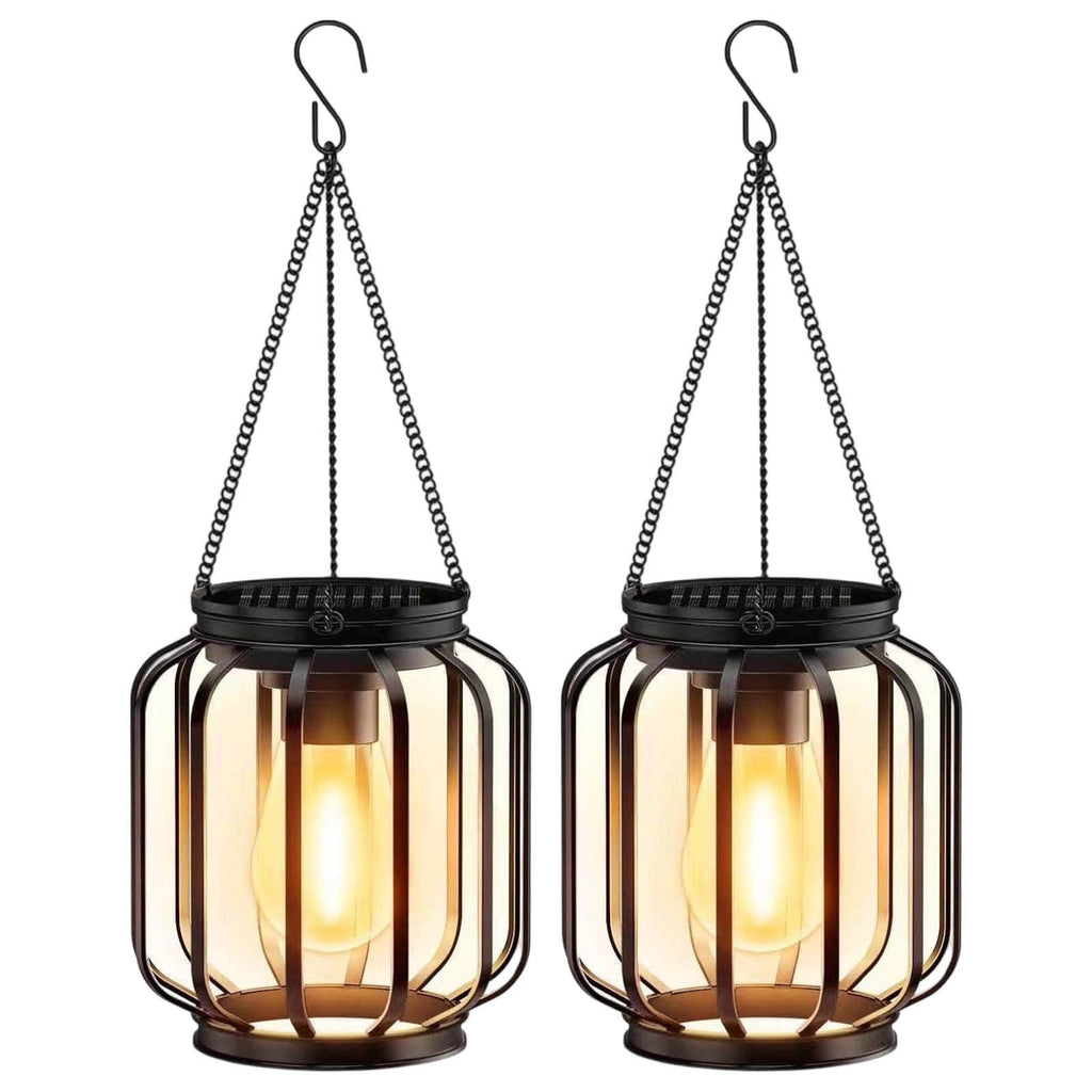 AUHomi Solar Hanging Lanterns, 2 Pack Metal Solar Hanging Lights with Hook, Bright Waterproof LED Lanterns for Outdoor, Classic Decorative Solar-Powered Light for Yard Garden Patio Porch