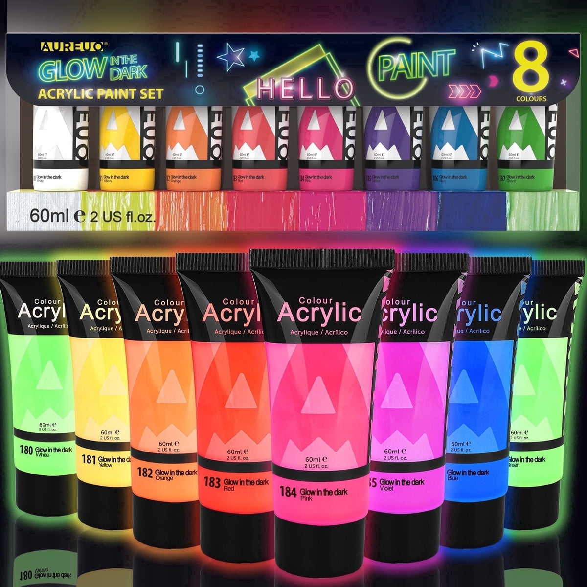 AUREUO Galaxy Glitter Acrylic Paint Set - 8 Twinkle Colors 0.71 Fl Oz / 21ml Tubes Sparkling Art Paints for Crafts Decor Non-toxic Painting Supplies for Artists