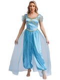 Aislor Women Halloween Arabian Princess Cosplay Costume Sequins Belly Dance Romper Jumpsuit Fancy Dress Lake Blue L
