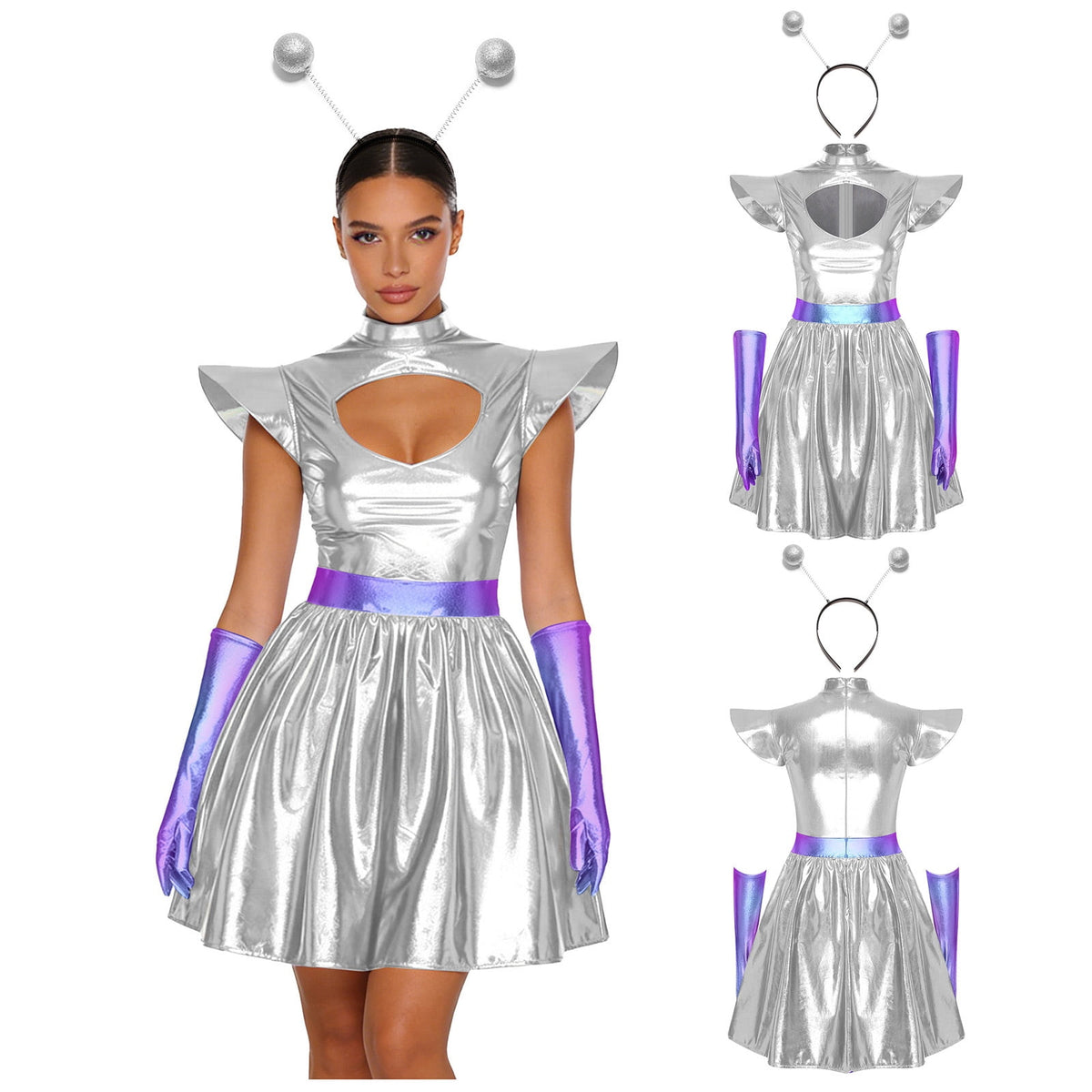 Aislor Womens Outer Space Alien Dress with Gloves Headband Halloween Space Cadet Rave Outfit Blue 3XL