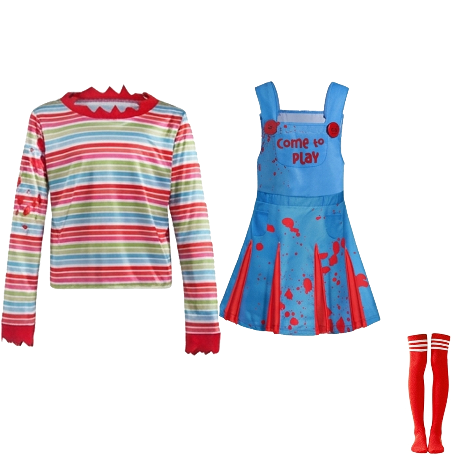 Alaiyaky 5 Piece Halloween Costumes for Women, Adult Scary Costume, Rainbow Stripe Shirt with Blue Jumpsuit Outfit Sets