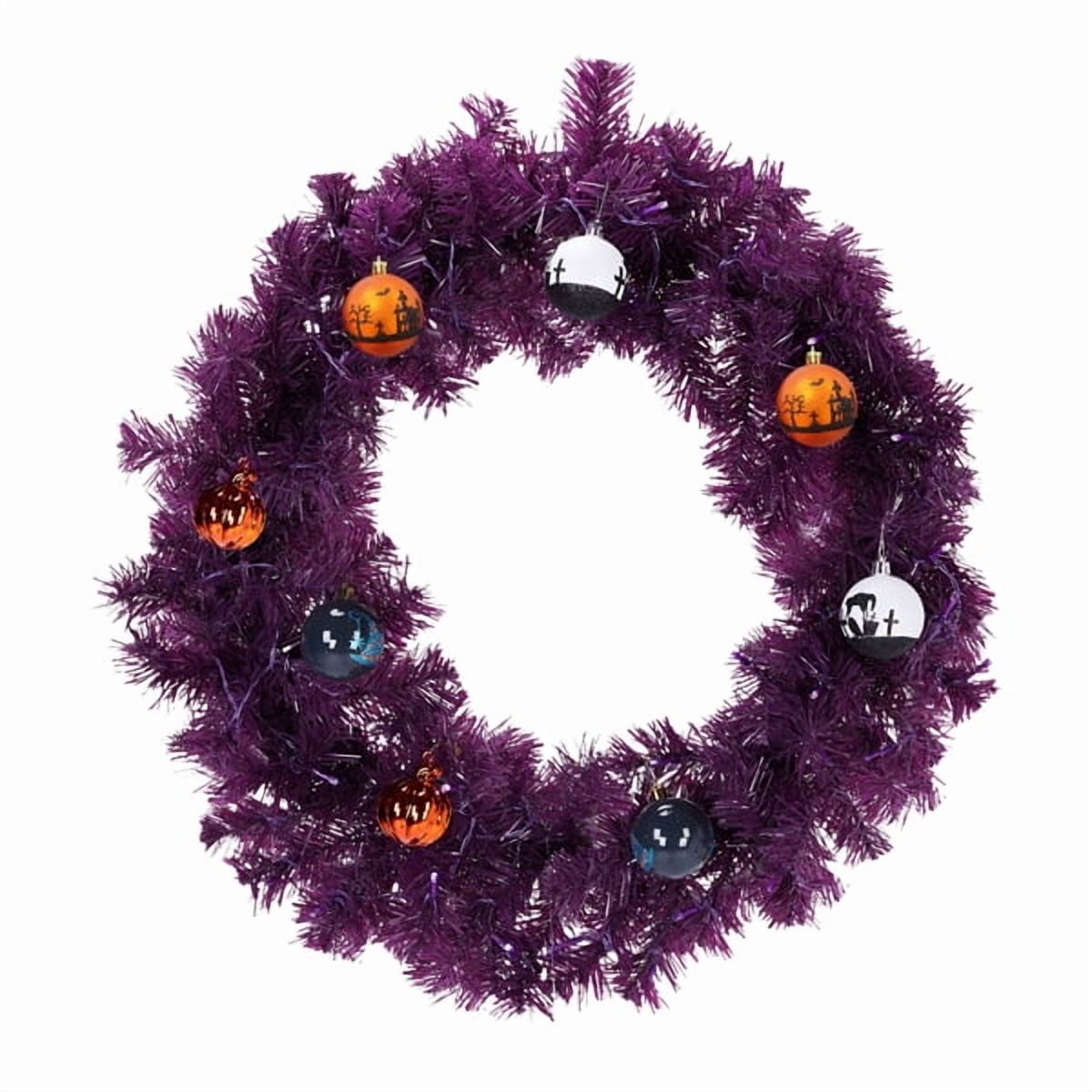 Alvantor 24 in Pre-Lit Halloween Wreath with 50 Purple and Orange LED Lights, 100 PVC Tips, DIY Ball Ornaments, Battery Powered, Purple