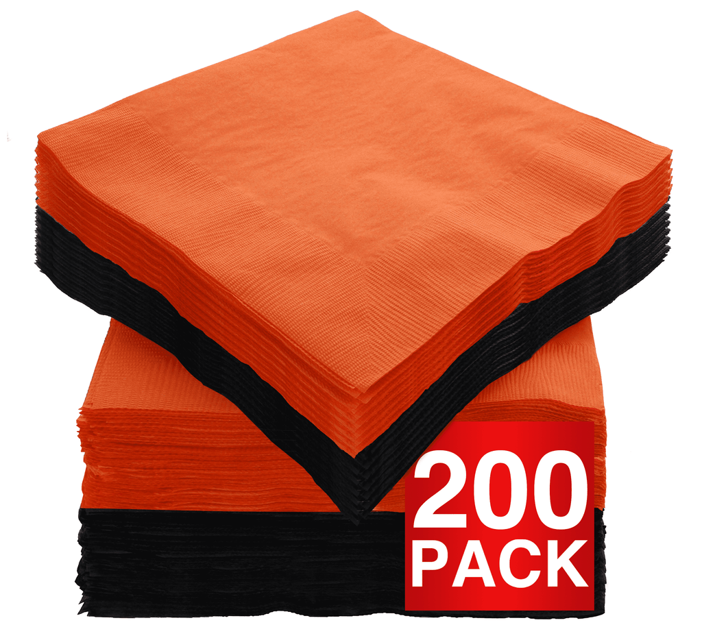 Amcrate Big Party Pack 200 Count Black Orange Beverage Napkins - Ideal for Halloween Party, Wedding, Party, Birthday, Dinner, Lunch, Cocktails. (5” x 5”)