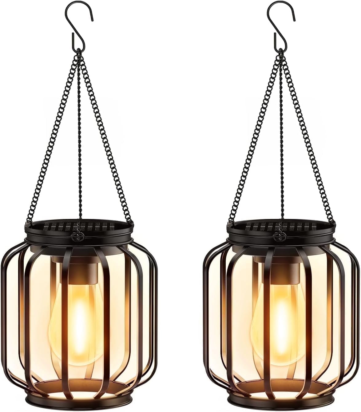 Diigabo 2-Pack Solar Hanging Lanterns Outdoor Metal Waterproof LED Lights with Hook Warm Bright Decorative Lanterns for Yard Garden Patio