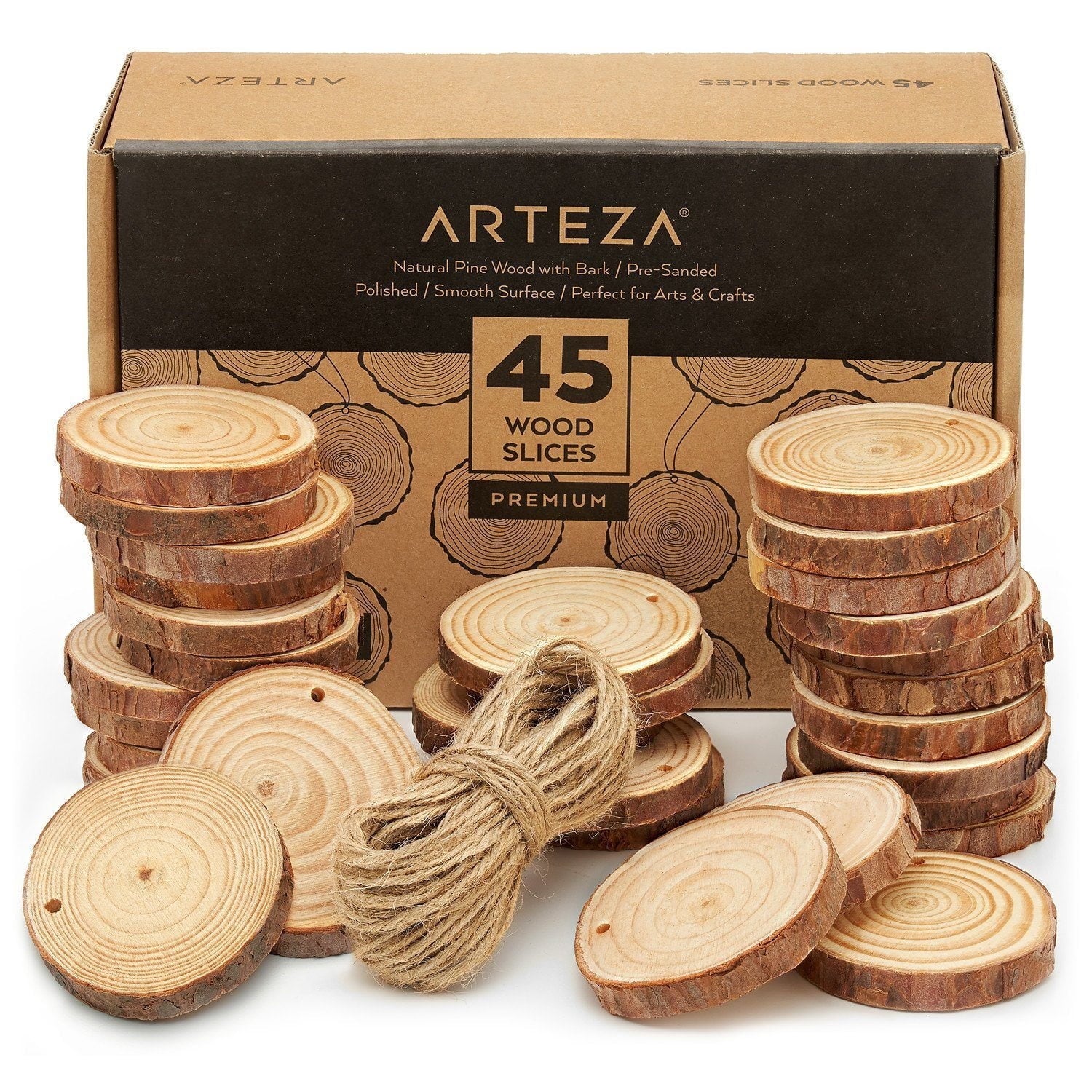 Arteza Unfinished Wood Surfaces with Bark Slices, Natural Pine Wood, Set of 45