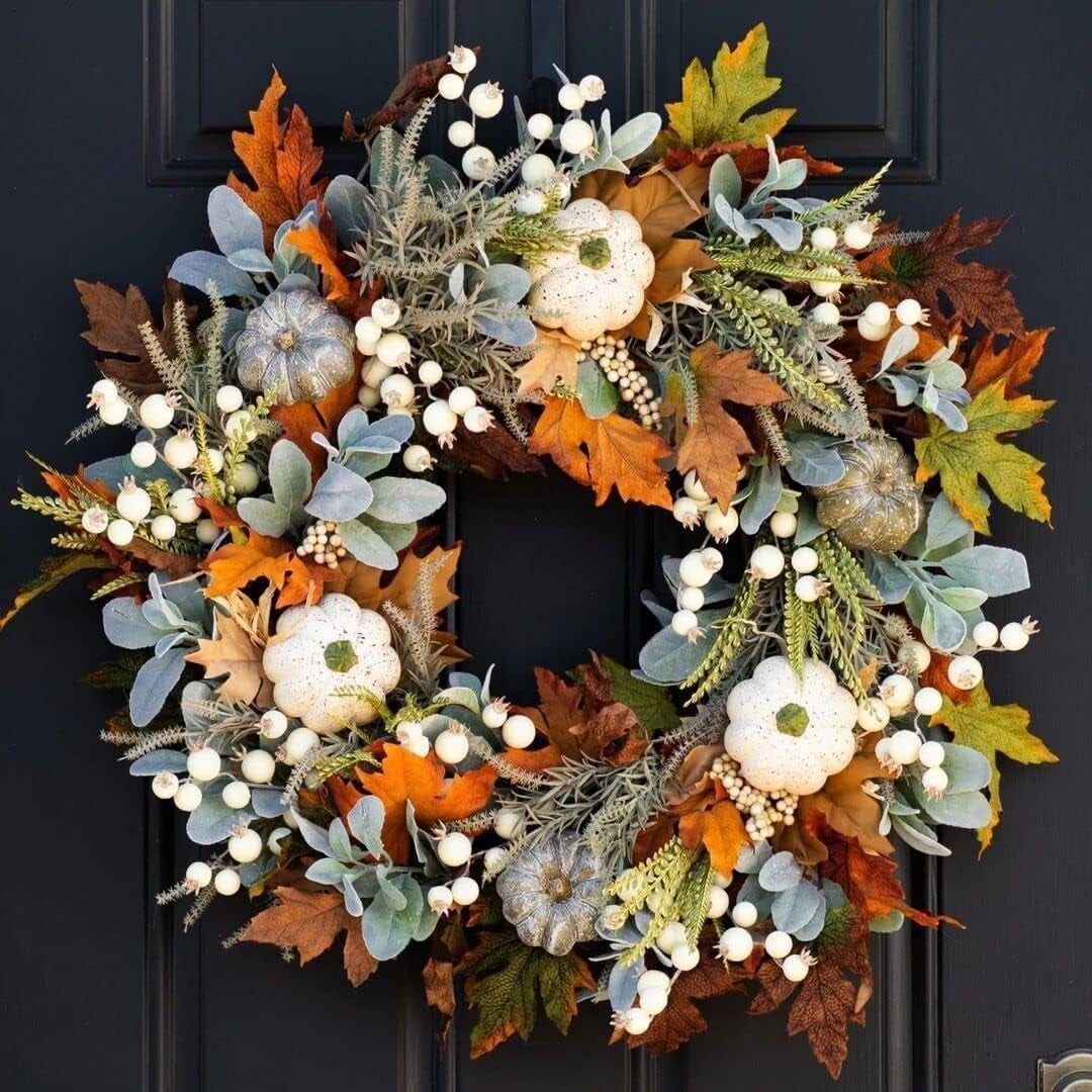 Artificial Fall Wreaths for Front Door Rustic Autumn Wreath with Pumpkin,Rose,Berry Branchesm,Mixed Leaves Thanksgiving Wreath Fall Door Wreath for Halloween Thanksgiving Indoor Outdoor Decor (B17.7)