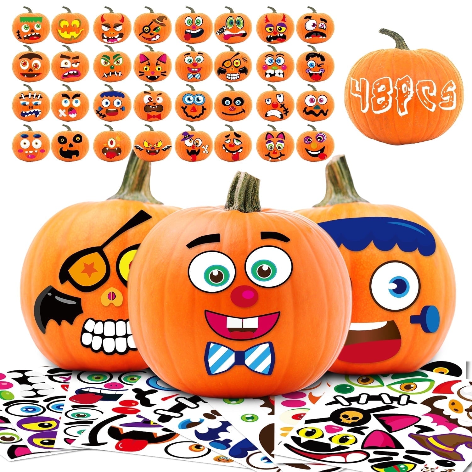 Ayieyill 64 Packs Halloween Stickers Pumpkin Decorating Stickers for Children , 32 Sheet Small Pumpkin Face Stickers for Halloween Party Supplies Trick or Treat Party Favors