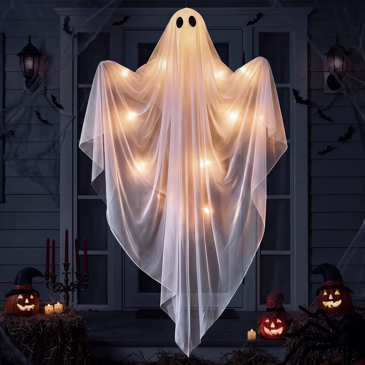 Ayieyill Halloween Ghost Decor with Warm White LED Light, 47” Light up Hanging Ghost Halloween Yard Porch Decorations Outdoor