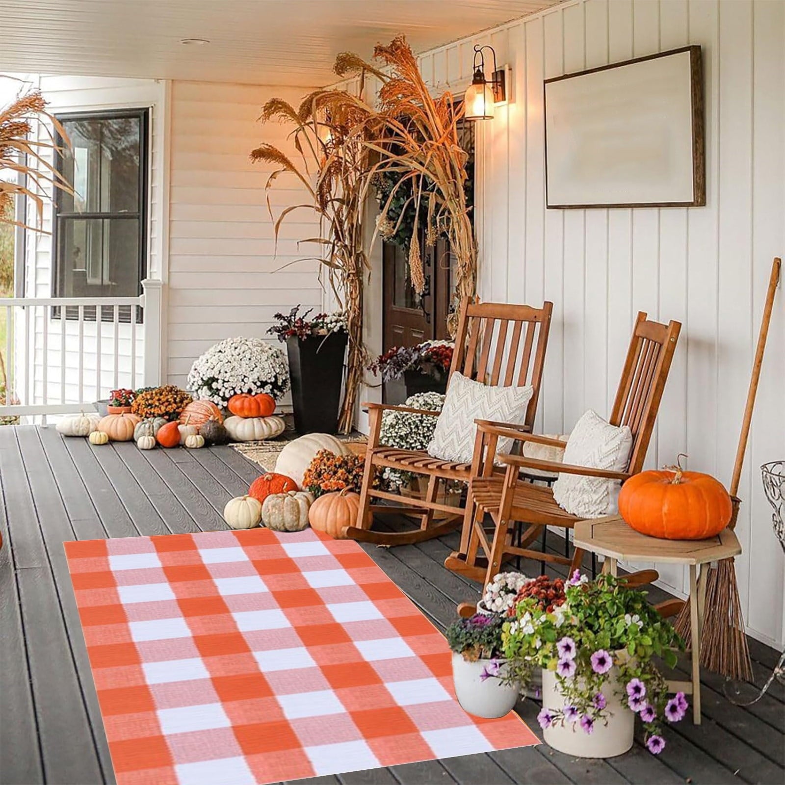 Fall Plaid Mat, 16*24" Autumn Front Door Decor Mat, Cotton Washable Hand-Woven Door Mat for Layered Doormat, Autumn Halloween Thanksgiving Carpet for Porch, Entryway