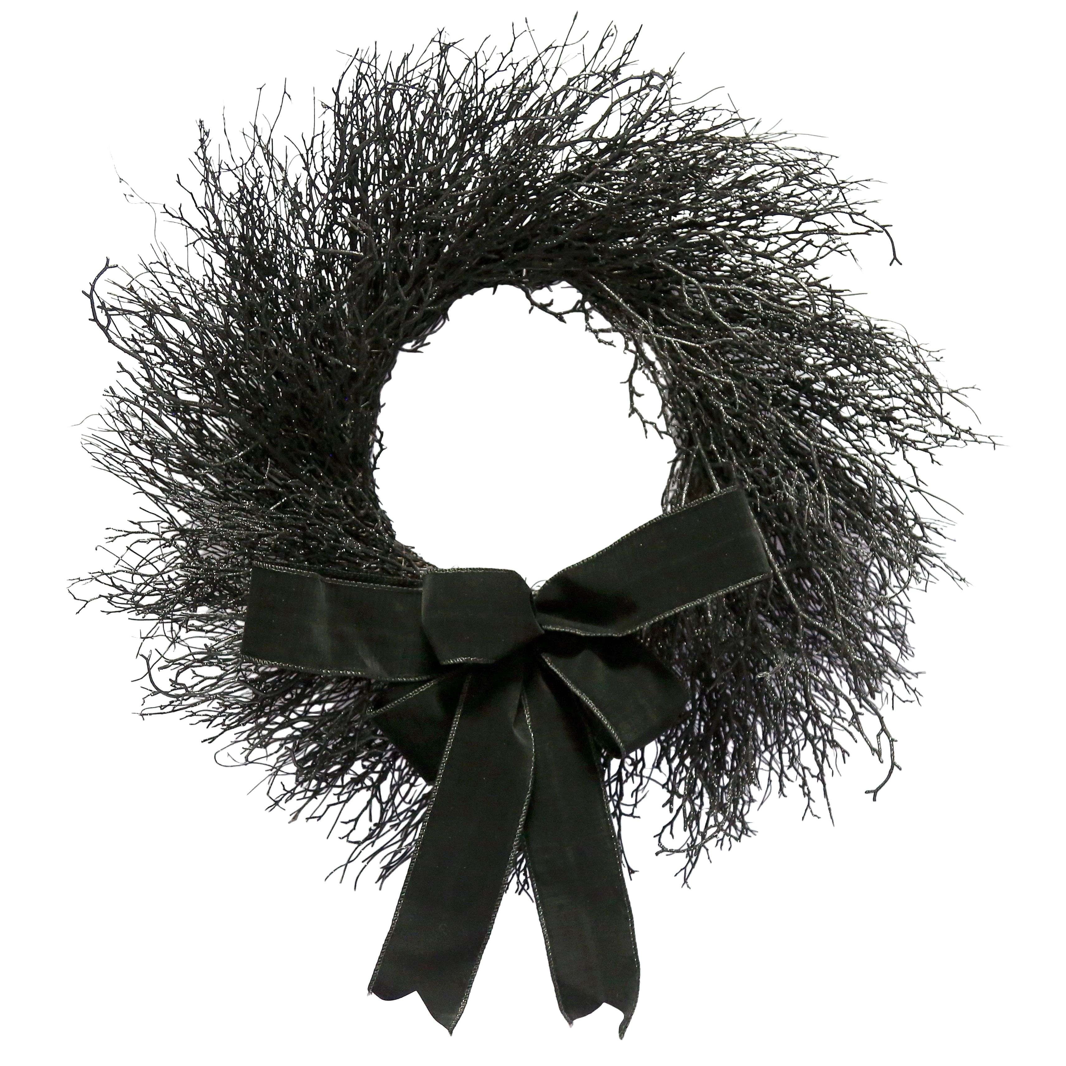 My Texas House Halloween Black Twig Wreath with Bow, 24"