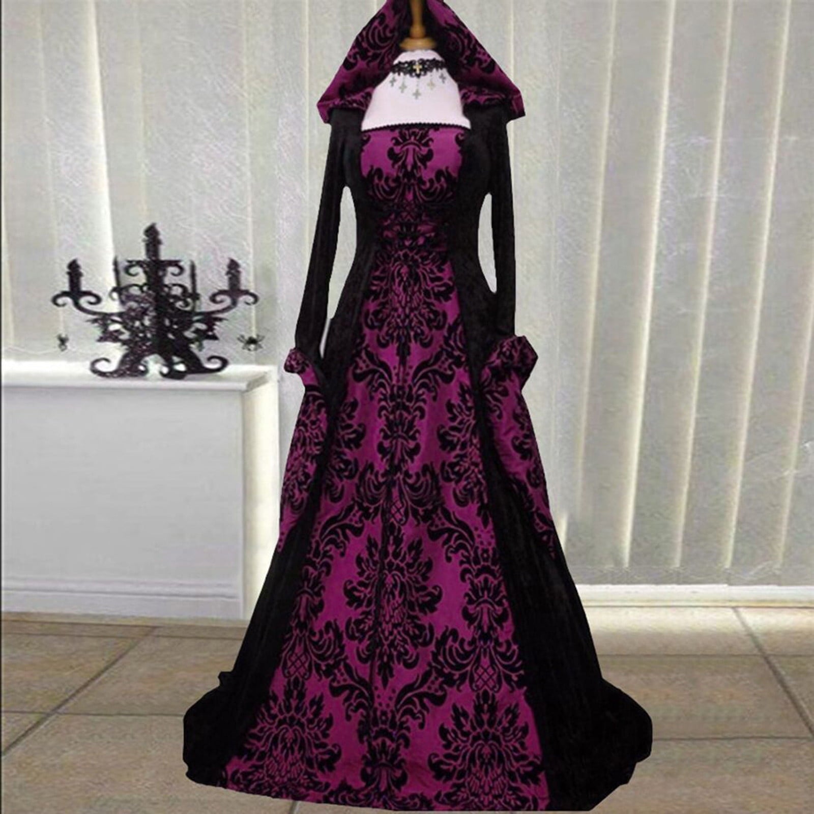 Medieval Damask Gown, Renaissance Witch Costume, Halloween Vampire Dress, Bell Sleeve Hooded Gown, Women Victorian Gothic Hooded Witch Dress Vampire Sorceress Vintage Renaissance Ball Gown, Red L