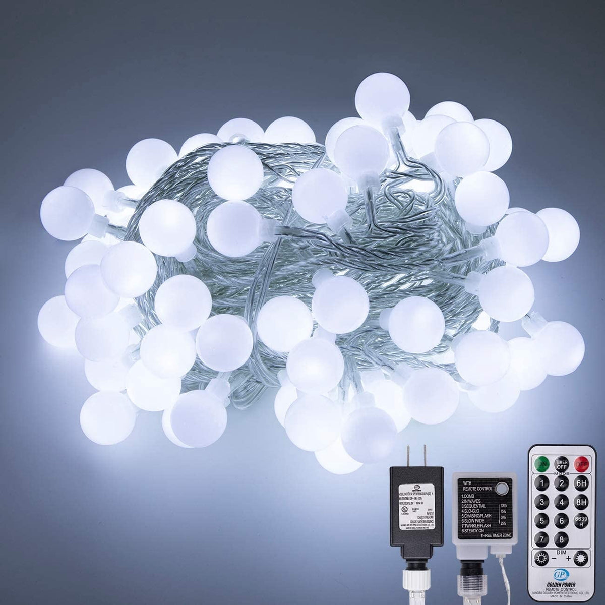 Bibana 100 LED 49 FT Globe Ball String Lights Fairy String Lights Plug in with Remote 8 Modes Extendable for Indoor Outdoor Wedding Birthday Christmas Tree Garden Decor (White)
