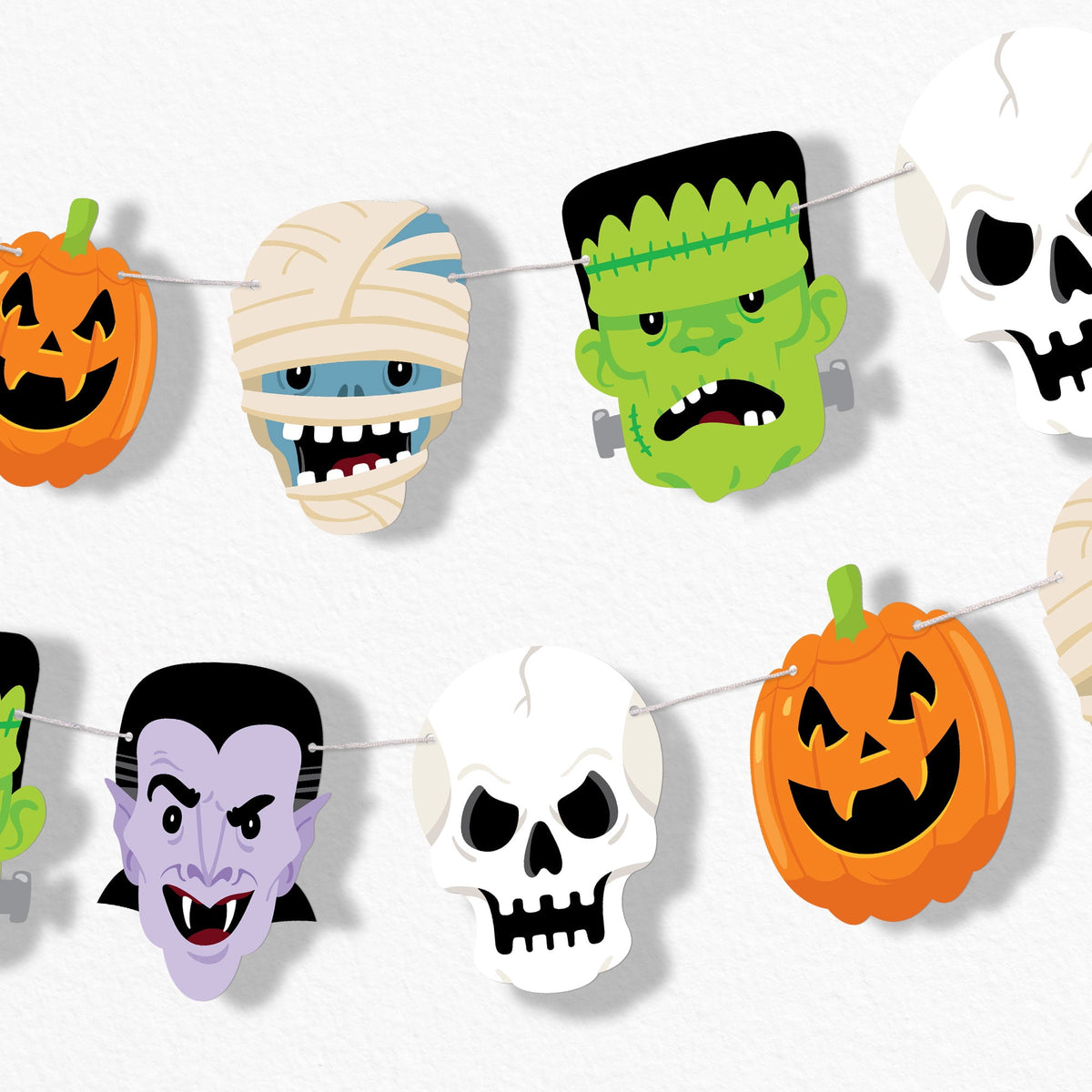 Big Dot of Happiness Halloween Monsters Garland Banner, 30 Feet of Cord, 15 Paper Skeleton, Dracula, Frankenstein, Mummy, and Jack-O'-Lantern Shapes