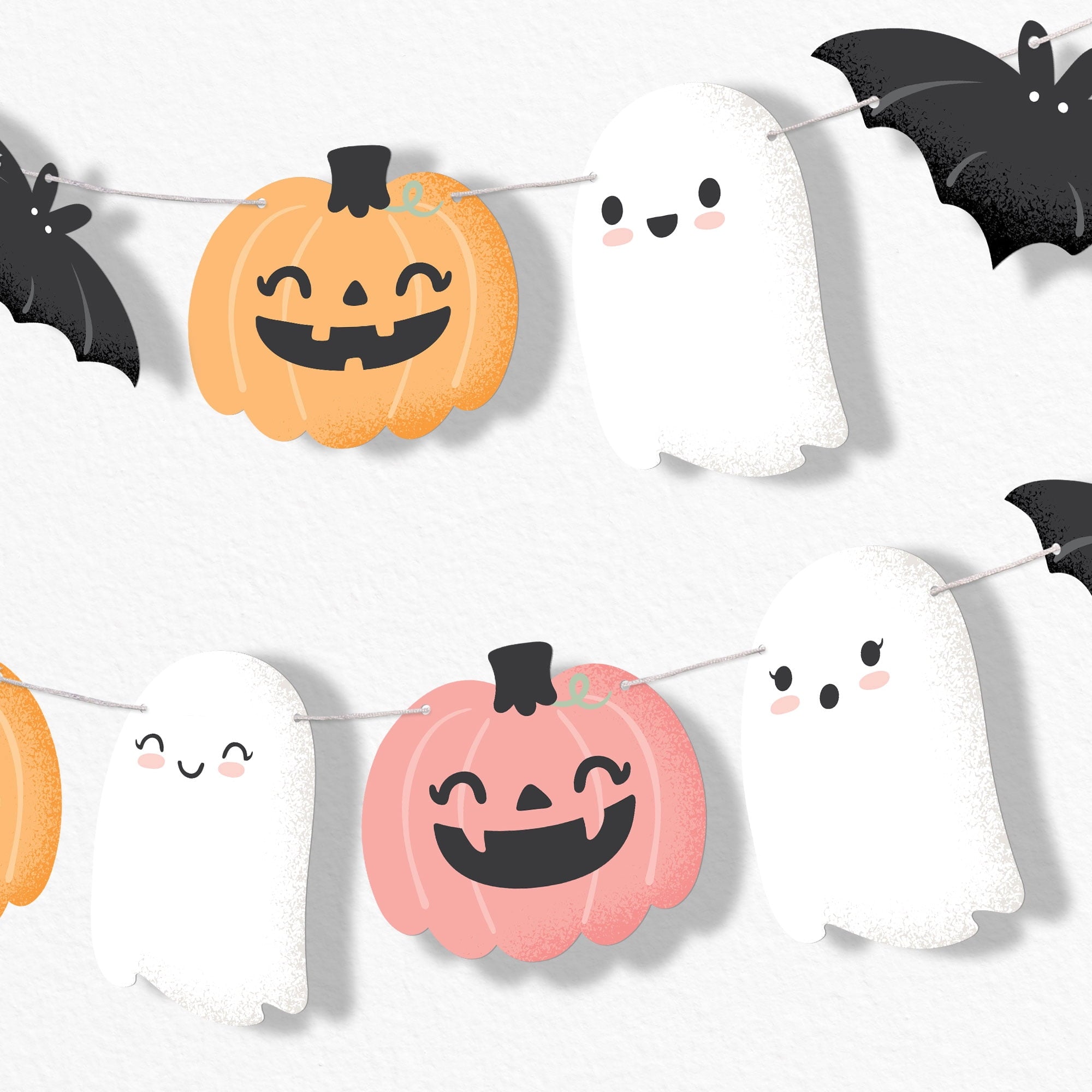 Big Dot of Happiness Pastel Halloween Garland Banner, Birthday Party Decorations Backdrop, 30 Feet of Cord, 15 Paper Ghost, Pumpkin, and Bat Shapes