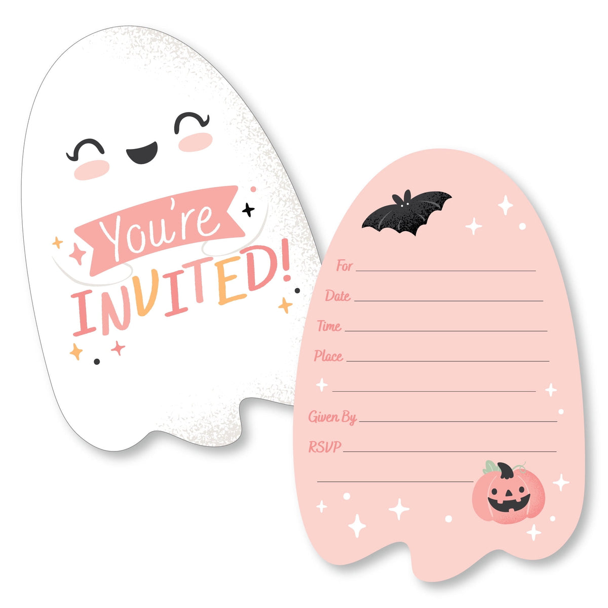 Big Dot of Happiness Pastel Halloween - Shaped Fill-In Invitations - Pink Pumpkin Party Invitation Cards with Envelopes - Set of 12